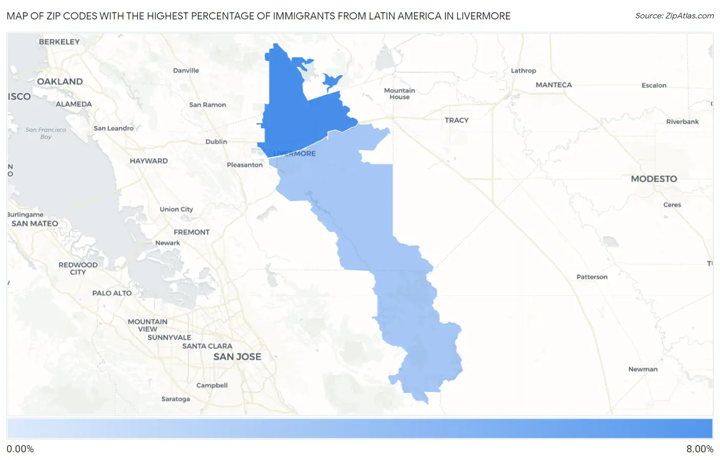 Zip Codes with the Highest Percentage of Immigrants from Latin America in Livermore Map