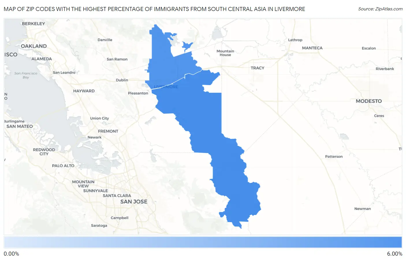 Zip Codes with the Highest Percentage of Immigrants from South Central Asia in Livermore Map