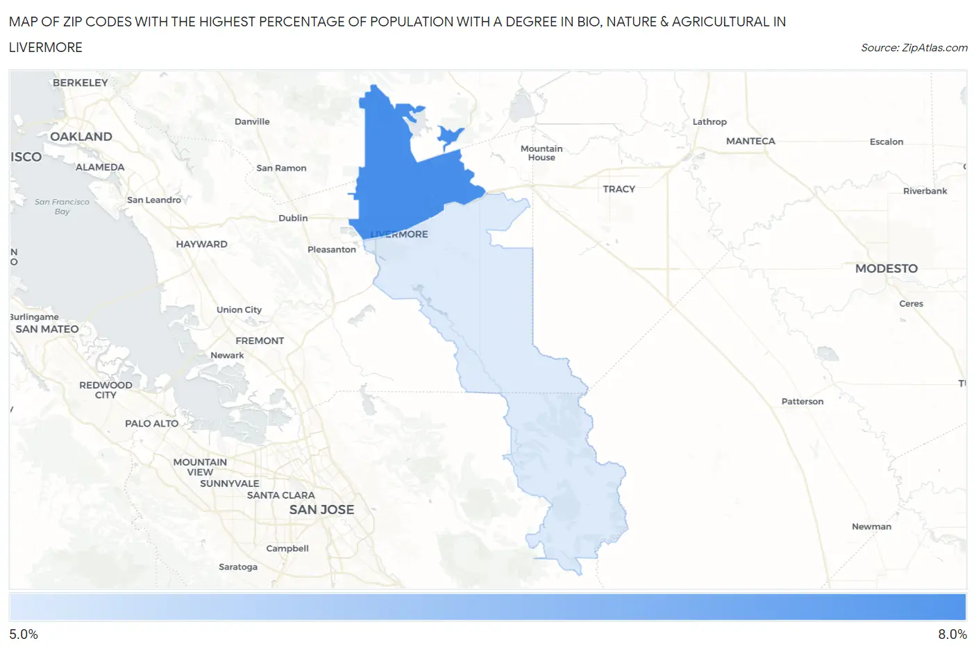 Zip Codes with the Highest Percentage of Population with a Degree in Bio, Nature & Agricultural in Livermore Map