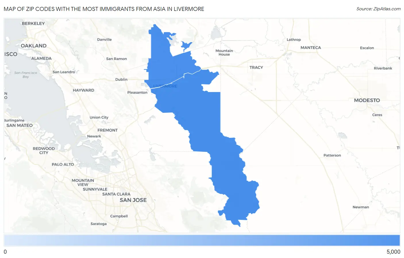 Zip Codes with the Most Immigrants from Asia in Livermore Map