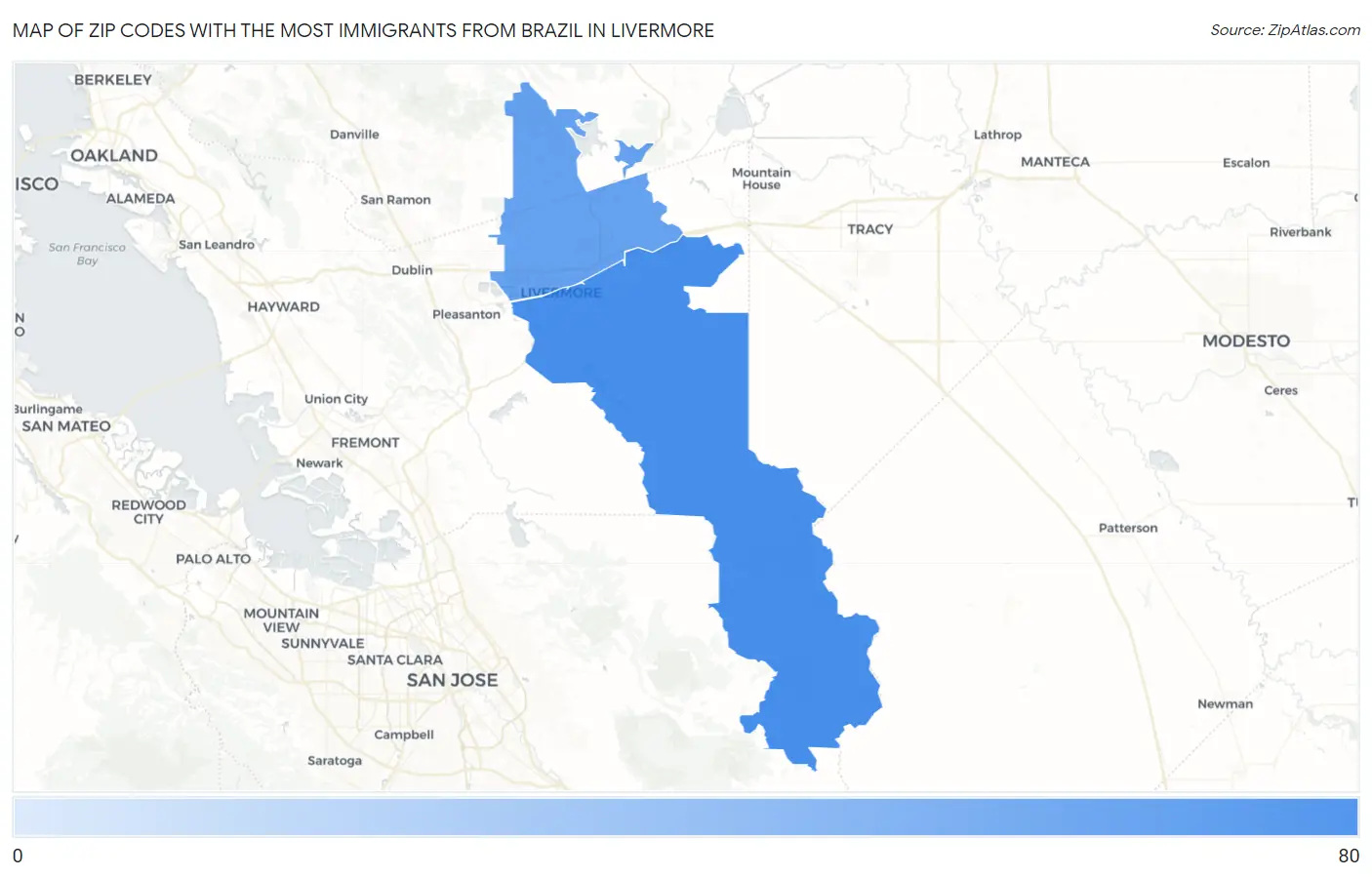 Zip Codes with the Most Immigrants from Brazil in Livermore Map