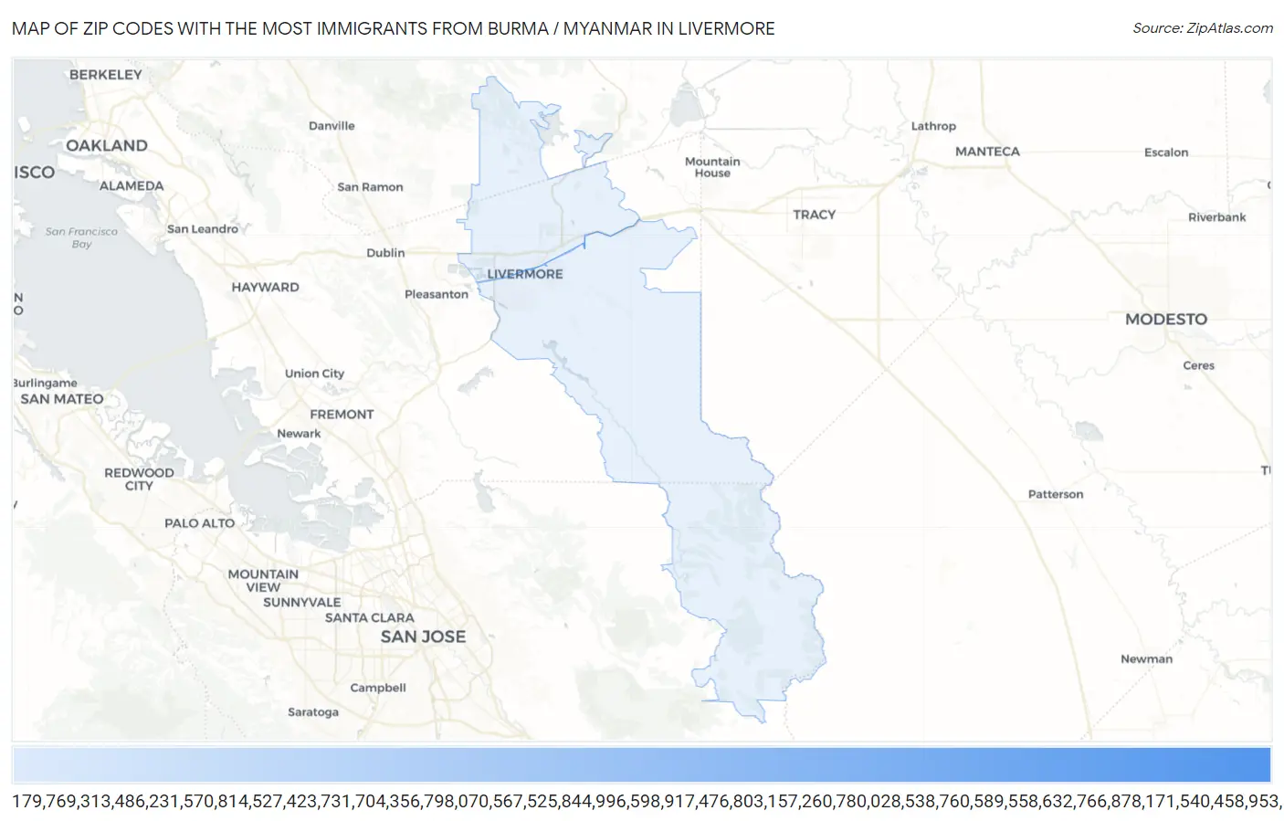 Zip Codes with the Most Immigrants from Burma / Myanmar in Livermore Map