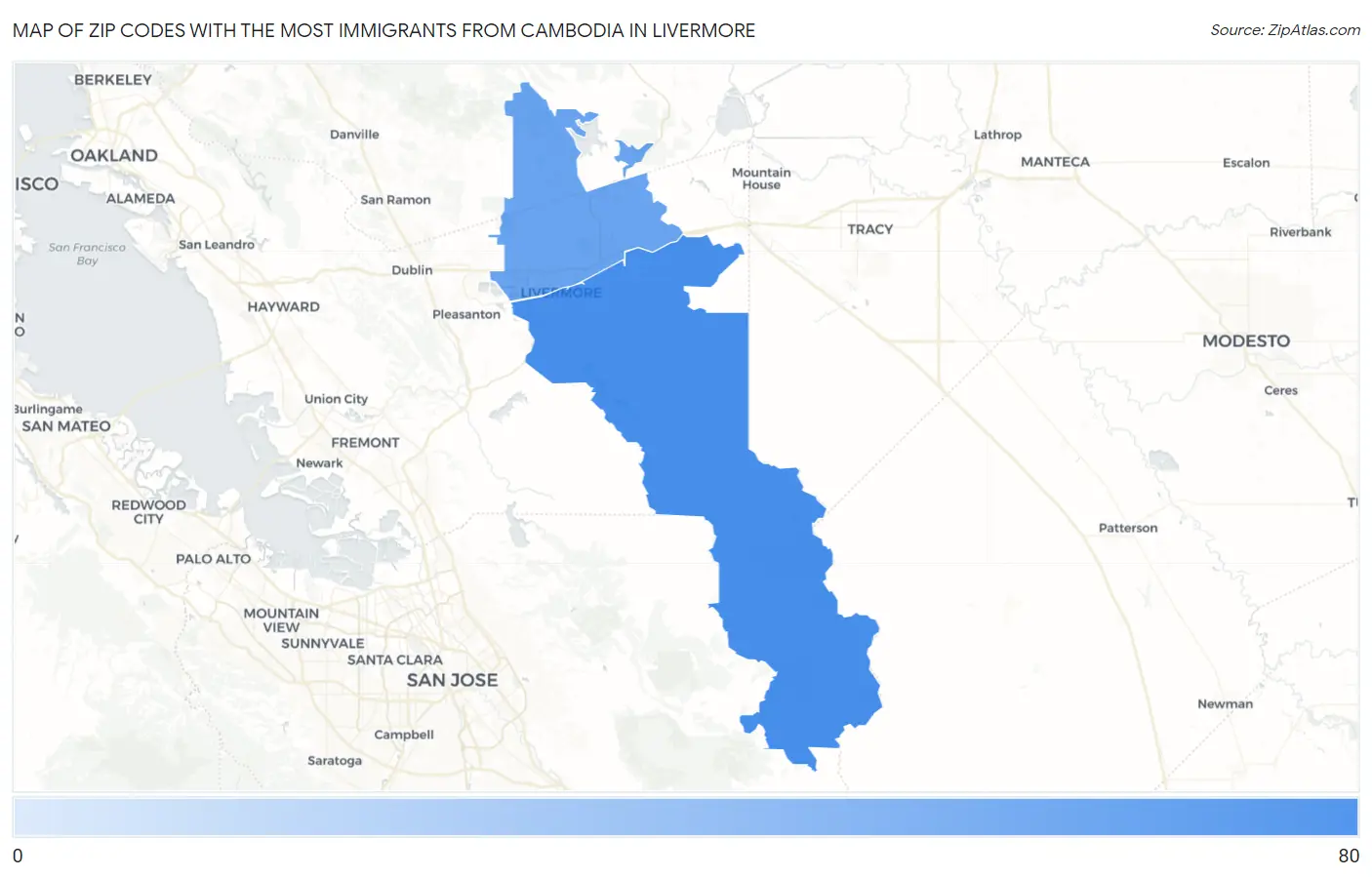 Zip Codes with the Most Immigrants from Cambodia in Livermore Map