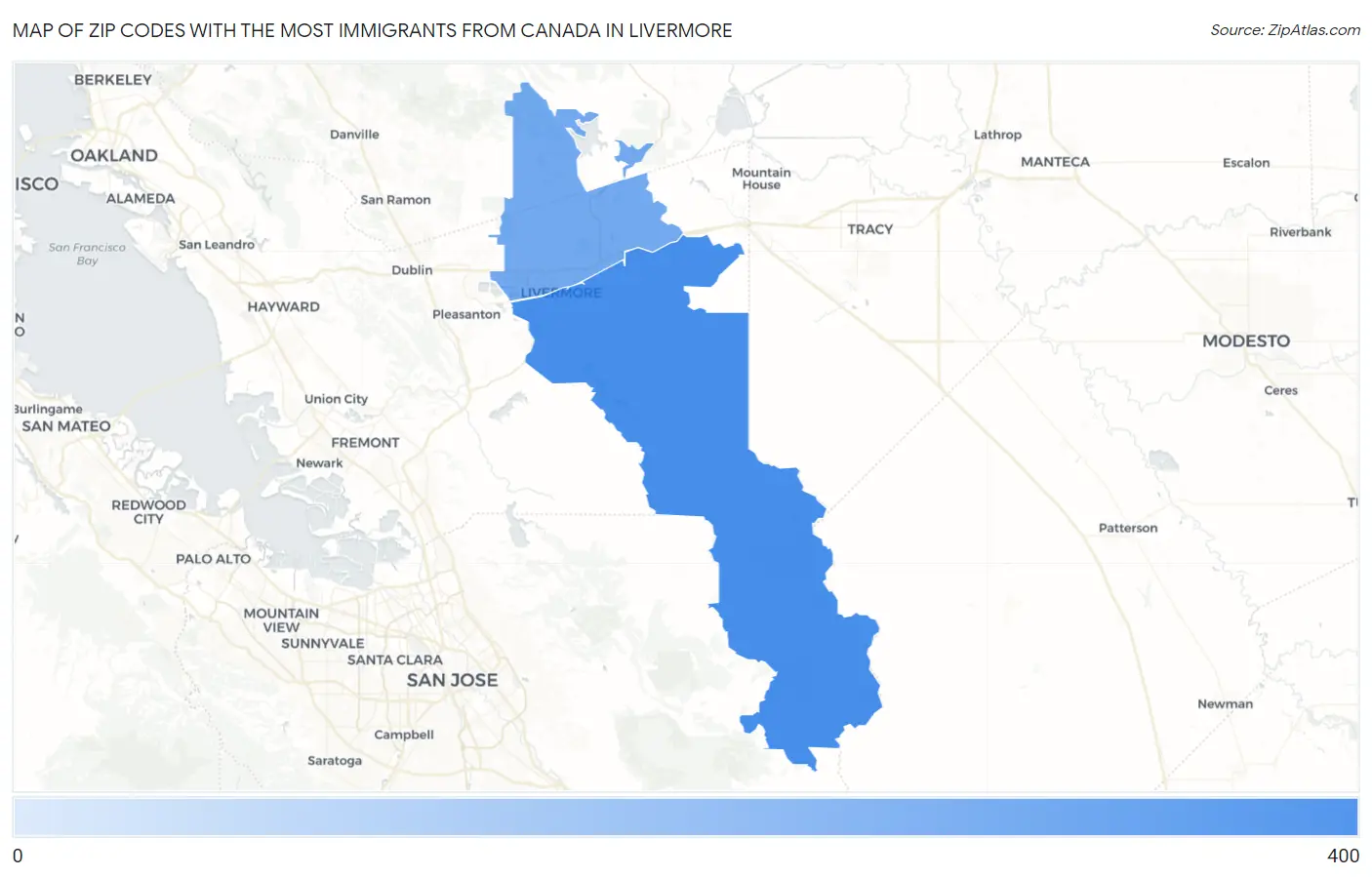 Zip Codes with the Most Immigrants from Canada in Livermore Map