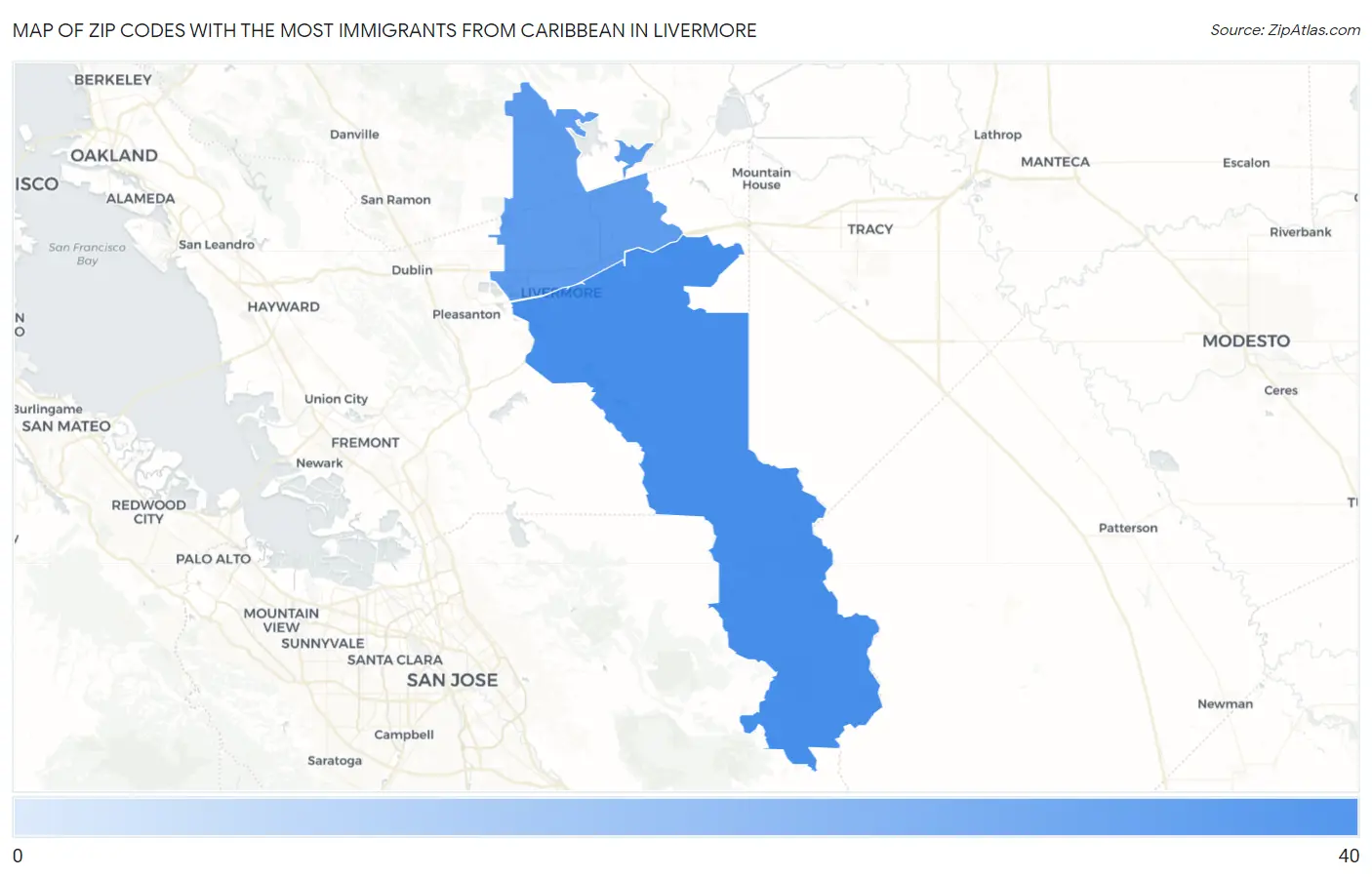 Zip Codes with the Most Immigrants from Caribbean in Livermore Map