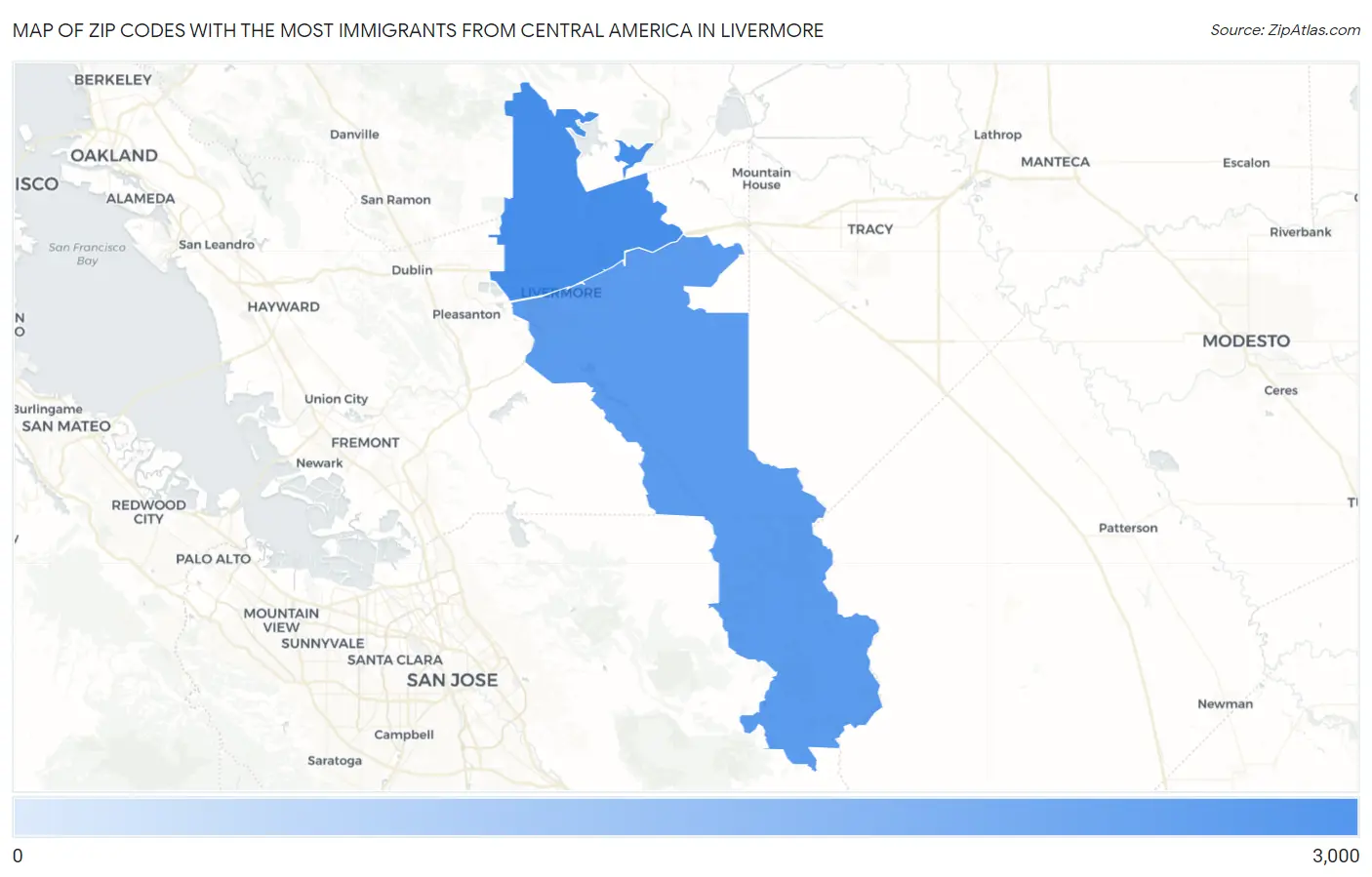 Zip Codes with the Most Immigrants from Central America in Livermore Map