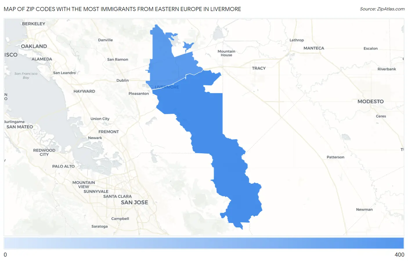 Zip Codes with the Most Immigrants from Eastern Europe in Livermore Map