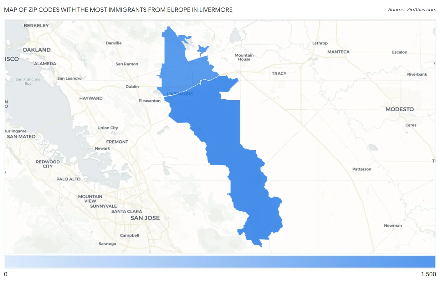 Zip Codes with the Most Immigrants from Europe in Livermore Map