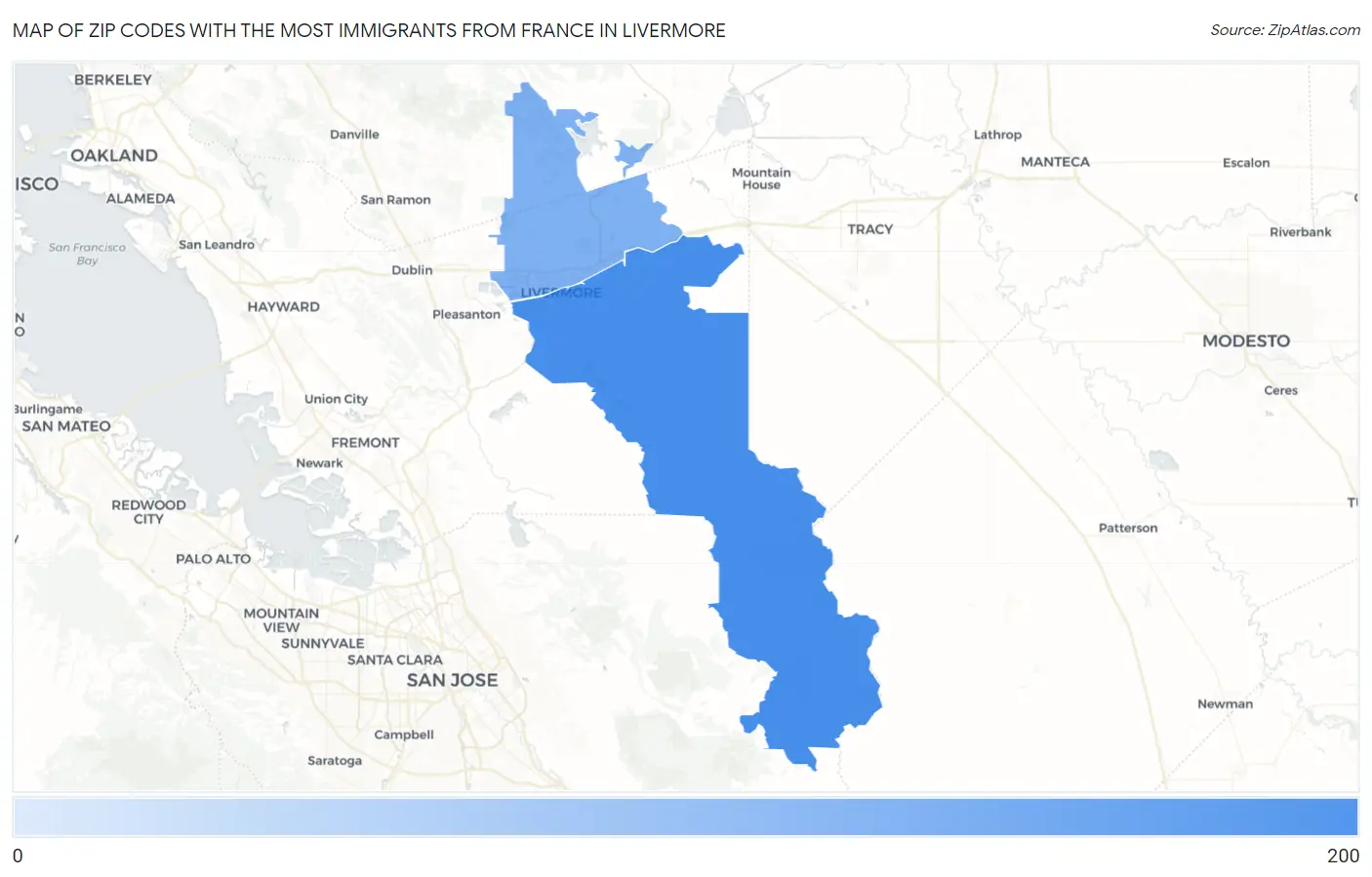 Zip Codes with the Most Immigrants from France in Livermore Map
