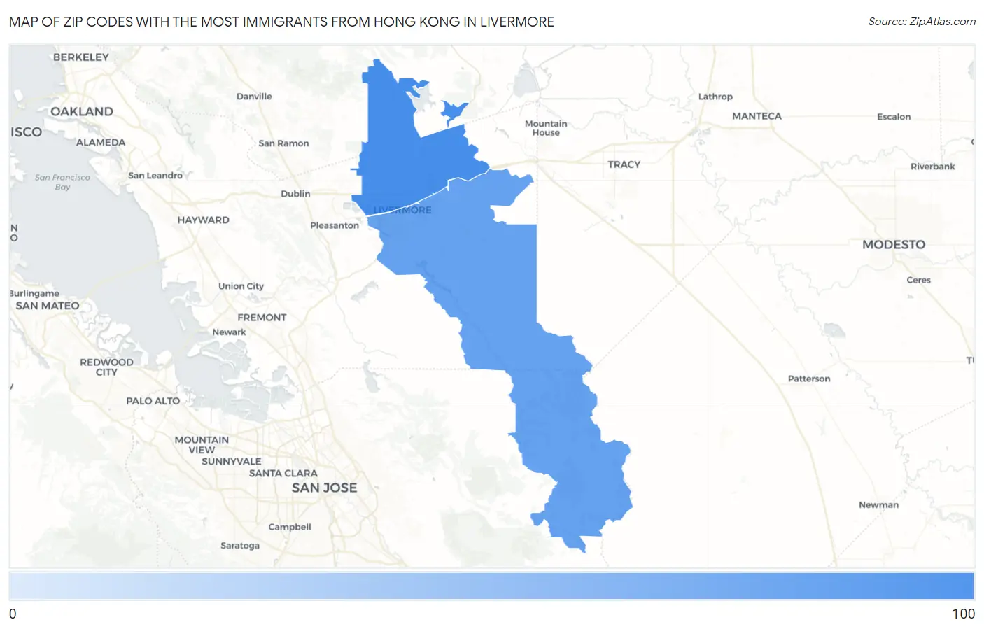Zip Codes with the Most Immigrants from Hong Kong in Livermore Map
