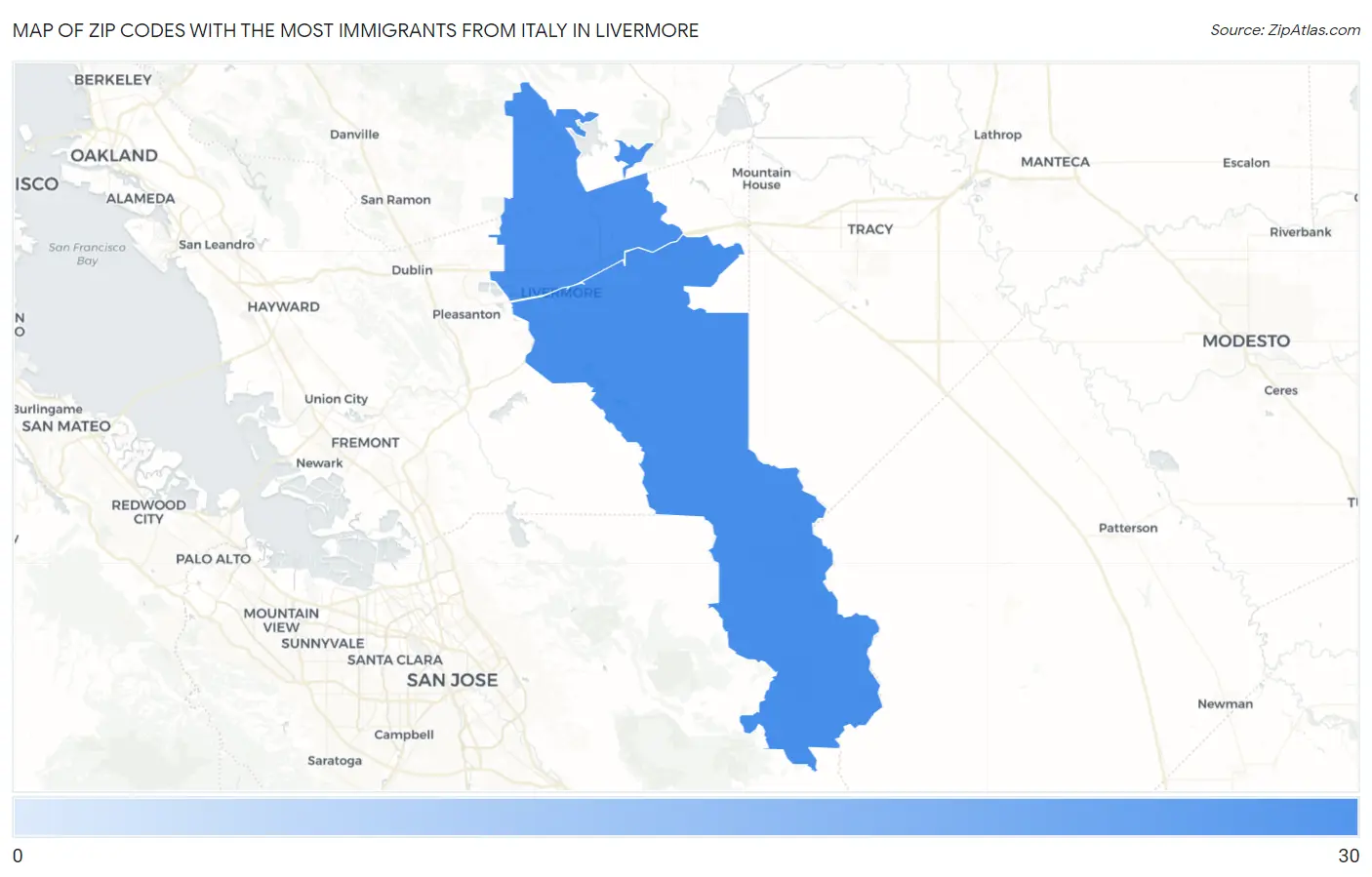 Zip Codes with the Most Immigrants from Italy in Livermore Map