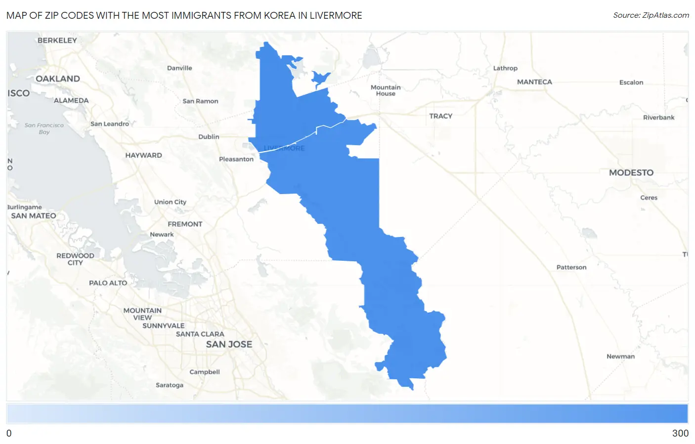 Zip Codes with the Most Immigrants from Korea in Livermore Map
