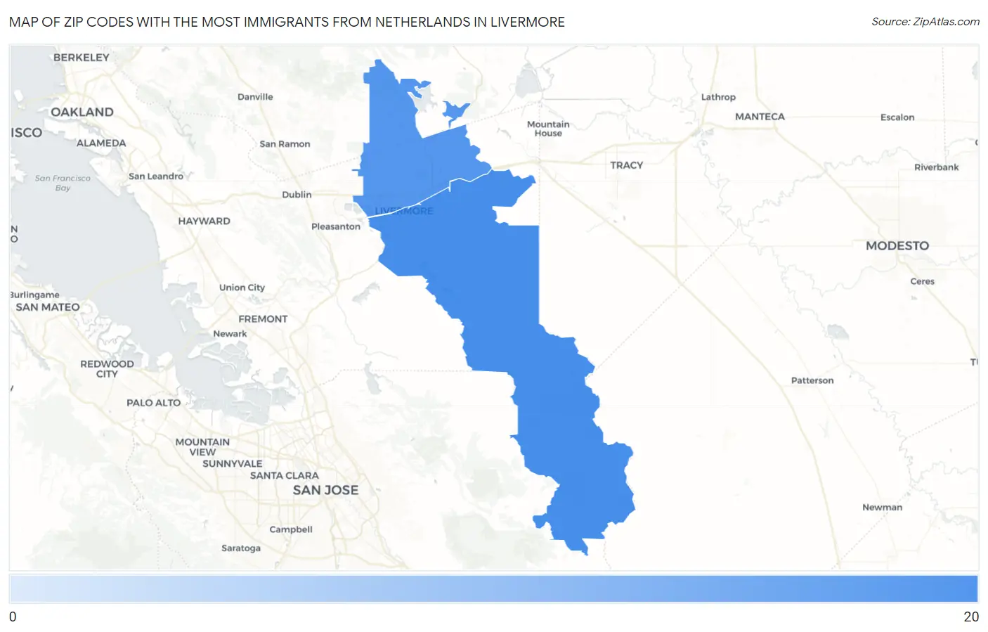Zip Codes with the Most Immigrants from Netherlands in Livermore Map