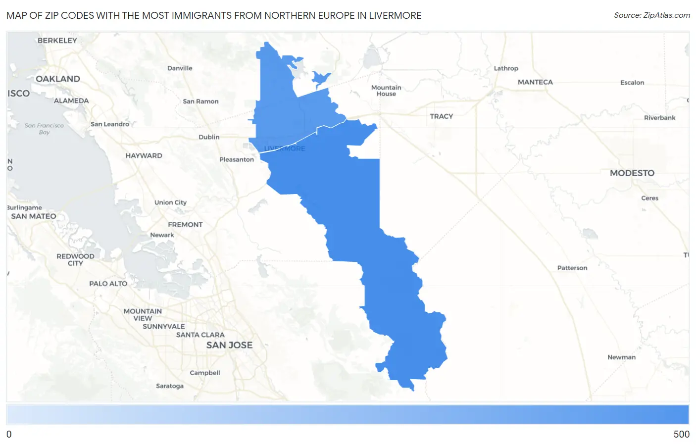 Zip Codes with the Most Immigrants from Northern Europe in Livermore Map