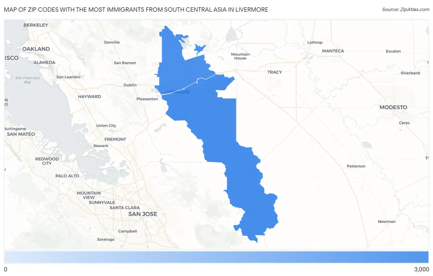 Zip Codes with the Most Immigrants from South Central Asia in Livermore Map