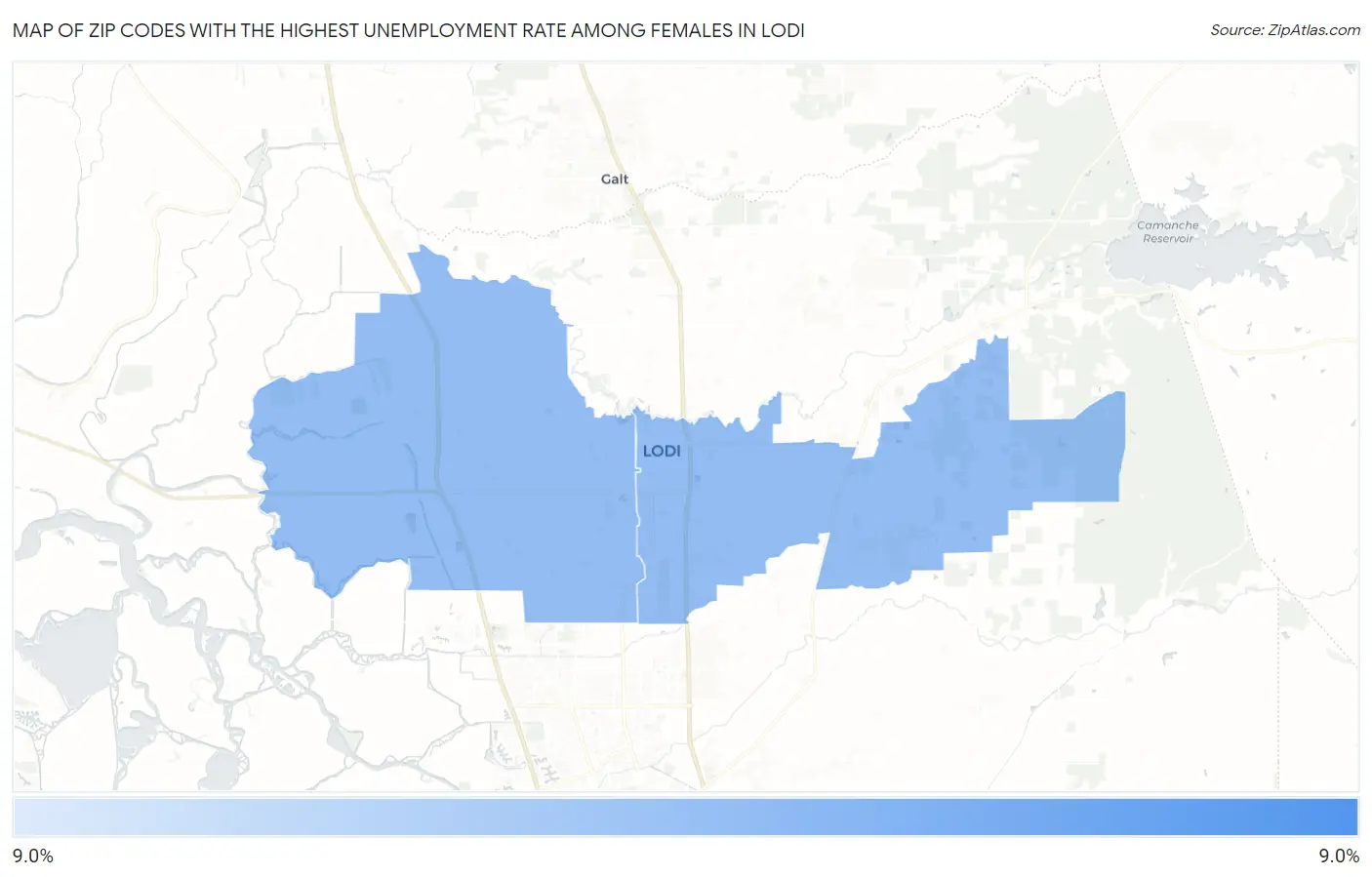 Zip Codes with the Highest Unemployment Rate Among Females in Lodi Map
