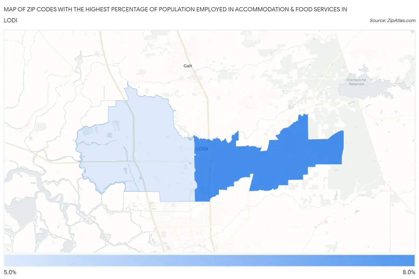 Zip Codes with the Highest Percentage of Population Employed in Accommodation & Food Services in Lodi Map