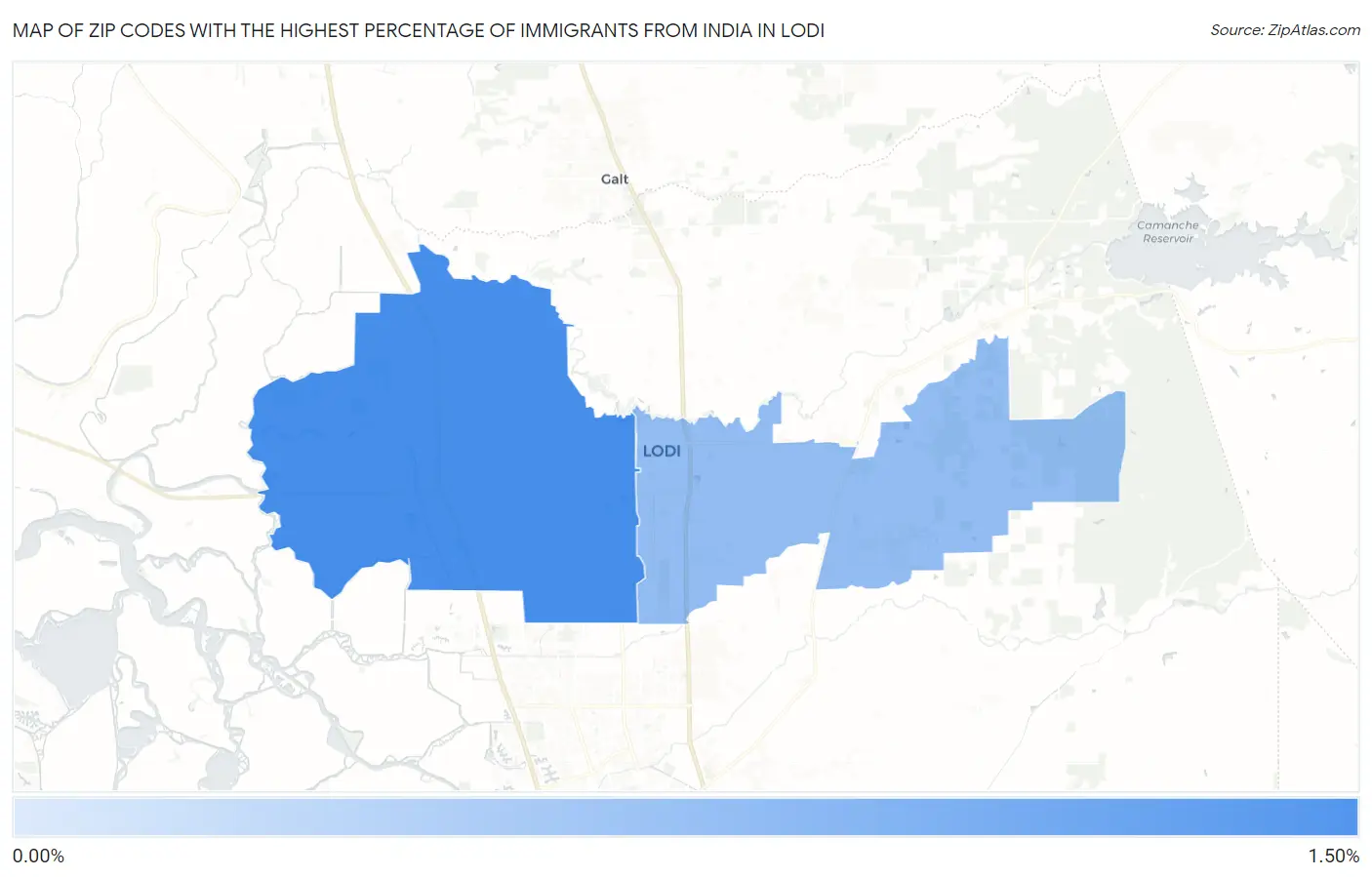 Zip Codes with the Highest Percentage of Immigrants from India in Lodi Map