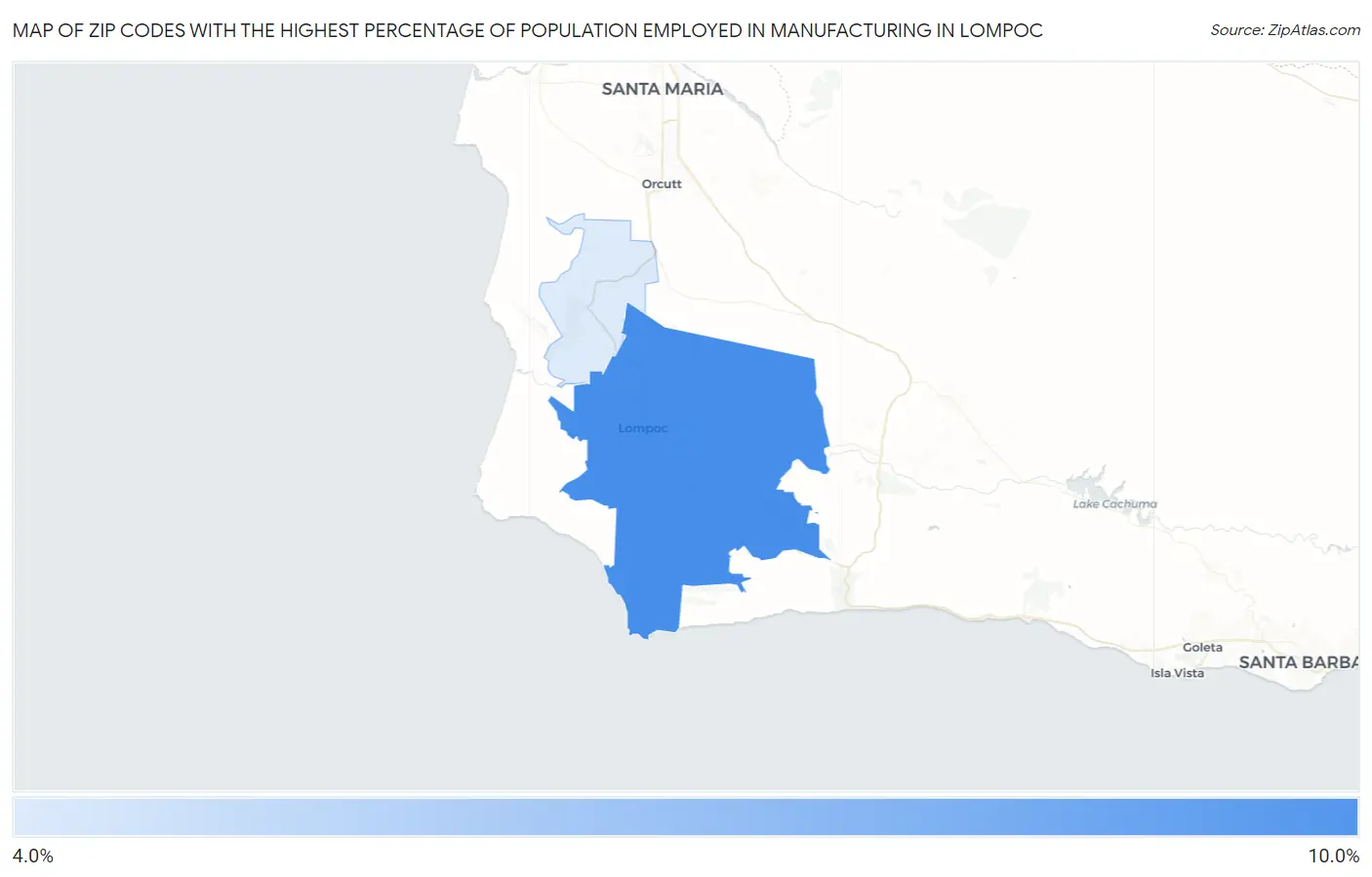 Zip Codes with the Highest Percentage of Population Employed in Manufacturing in Lompoc Map
