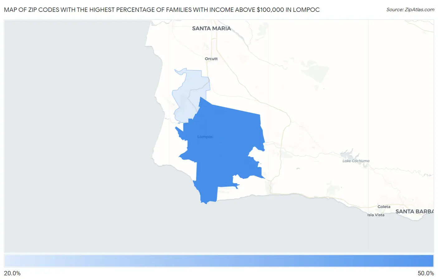 Zip Codes with the Highest Percentage of Families with Income Above $100,000 in Lompoc Map