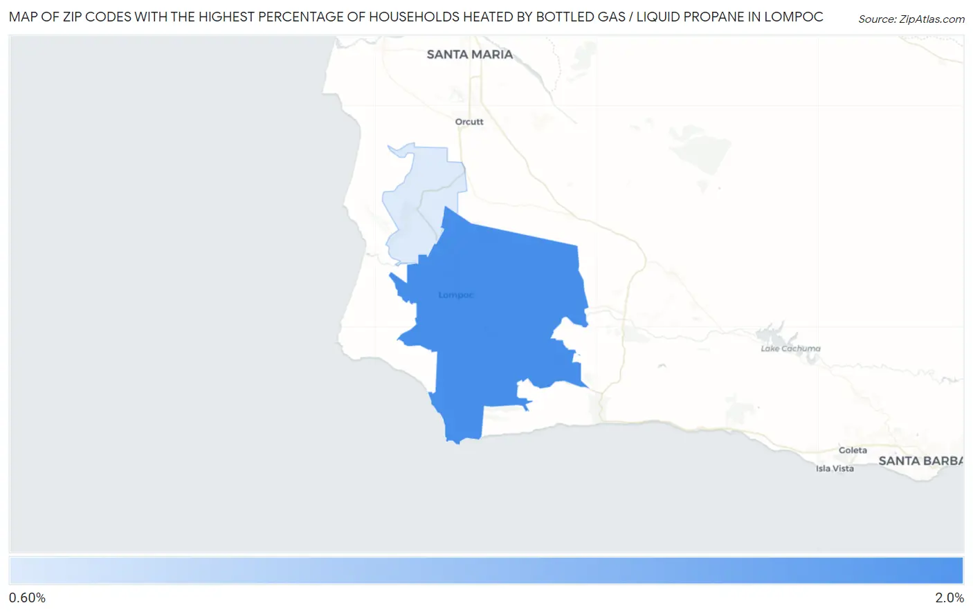 Zip Codes with the Highest Percentage of Households Heated by Bottled Gas / Liquid Propane in Lompoc Map