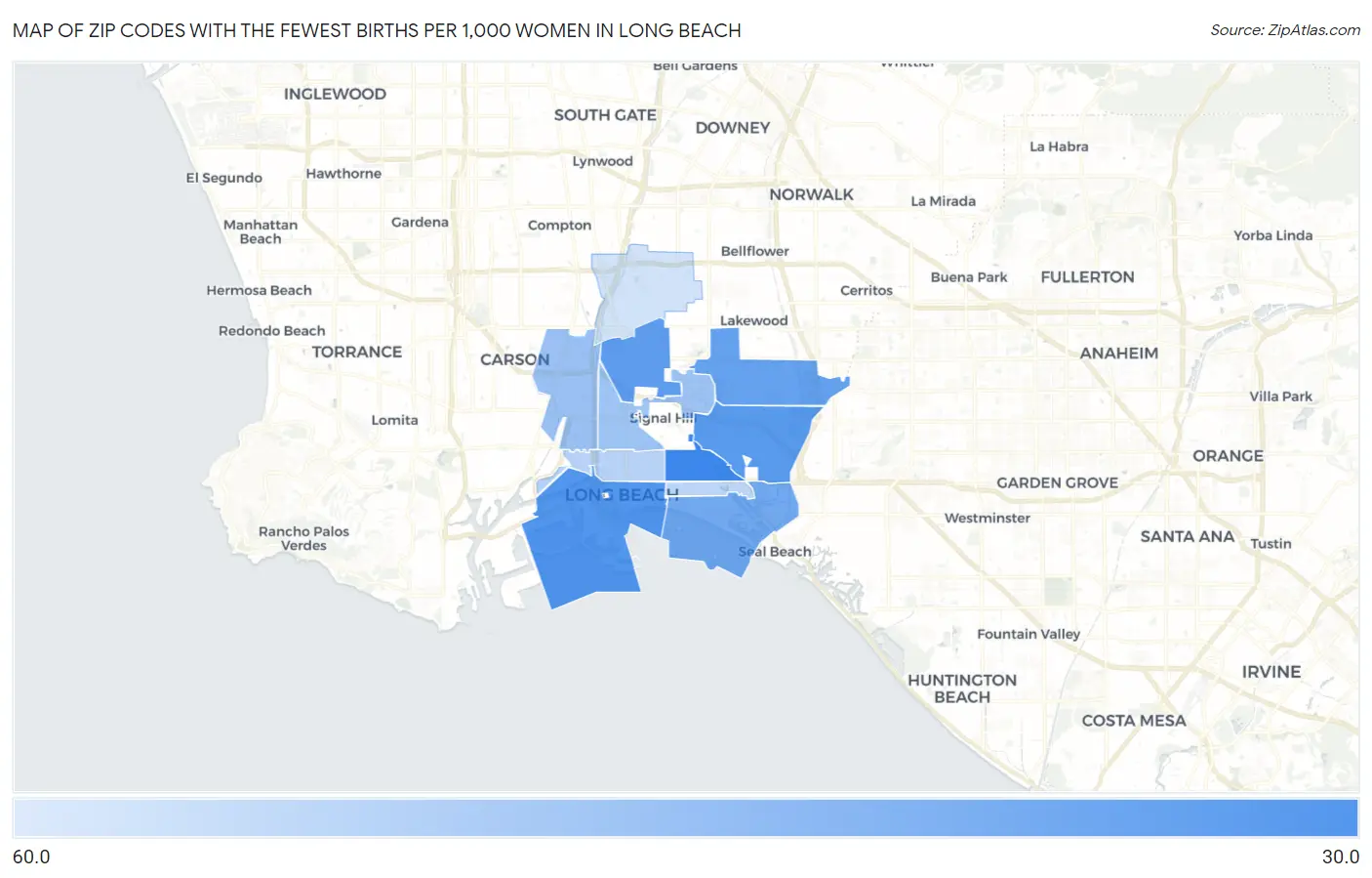 Zip Codes with the Fewest Births per 1,000 Women in Long Beach Map