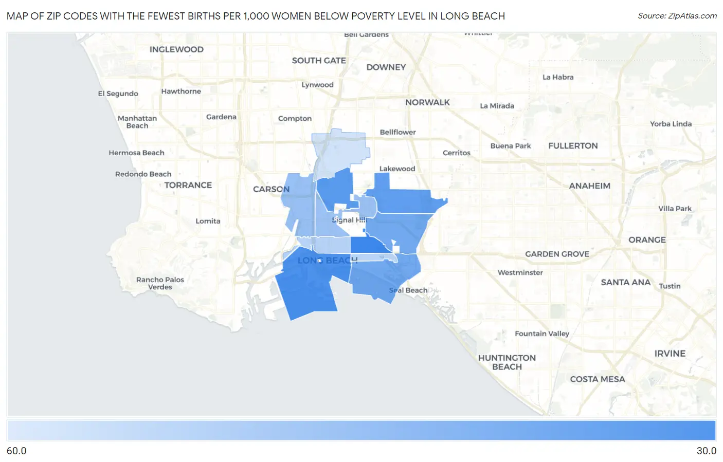 Zip Codes with the Fewest Births per 1,000 Women Below Poverty Level in Long Beach Map