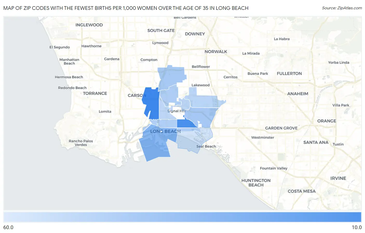 Zip Codes with the Fewest Births per 1,000 Women Over the Age of 35 in Long Beach Map