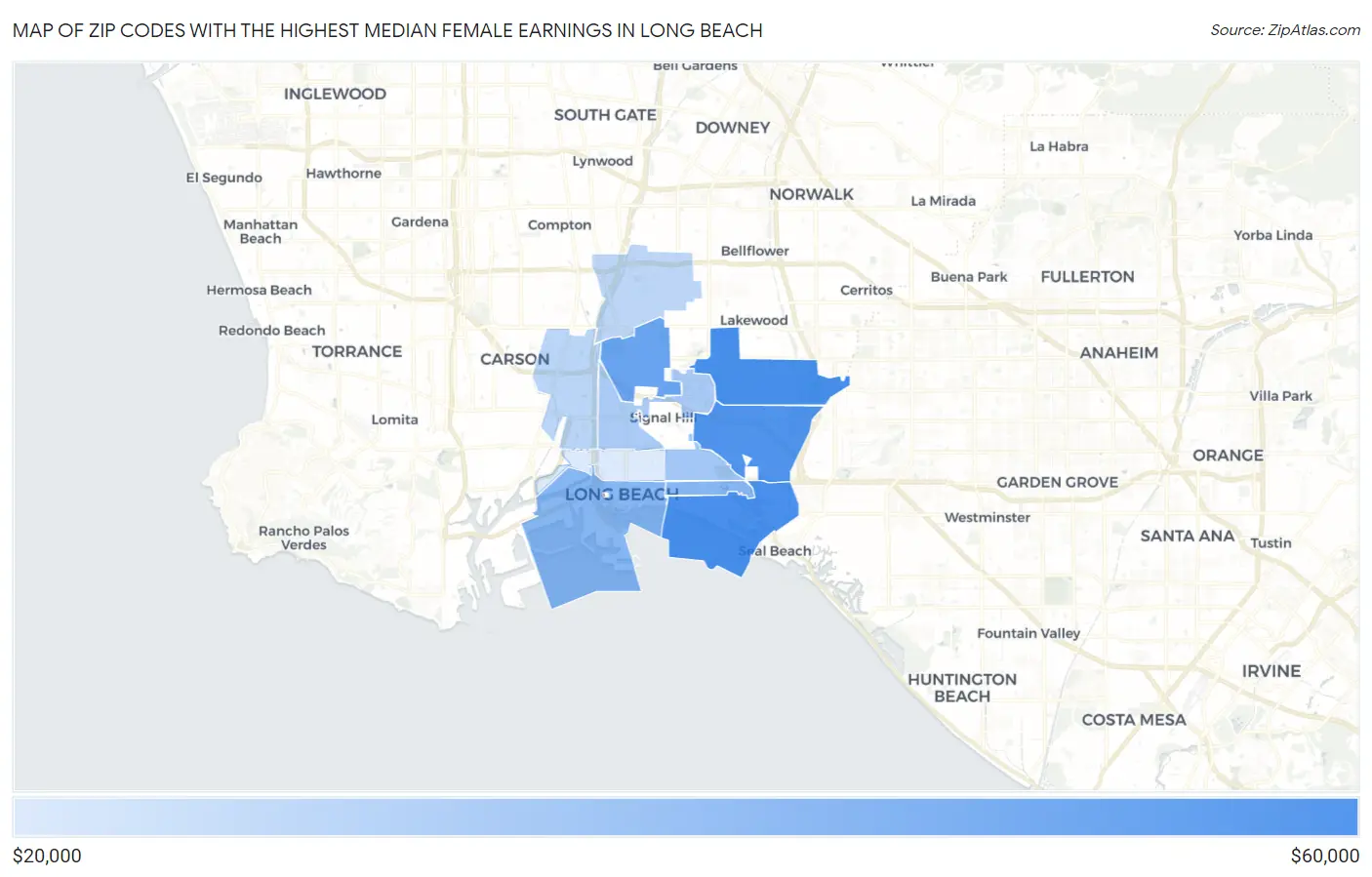 Zip Codes with the Highest Median Female Earnings in Long Beach Map
