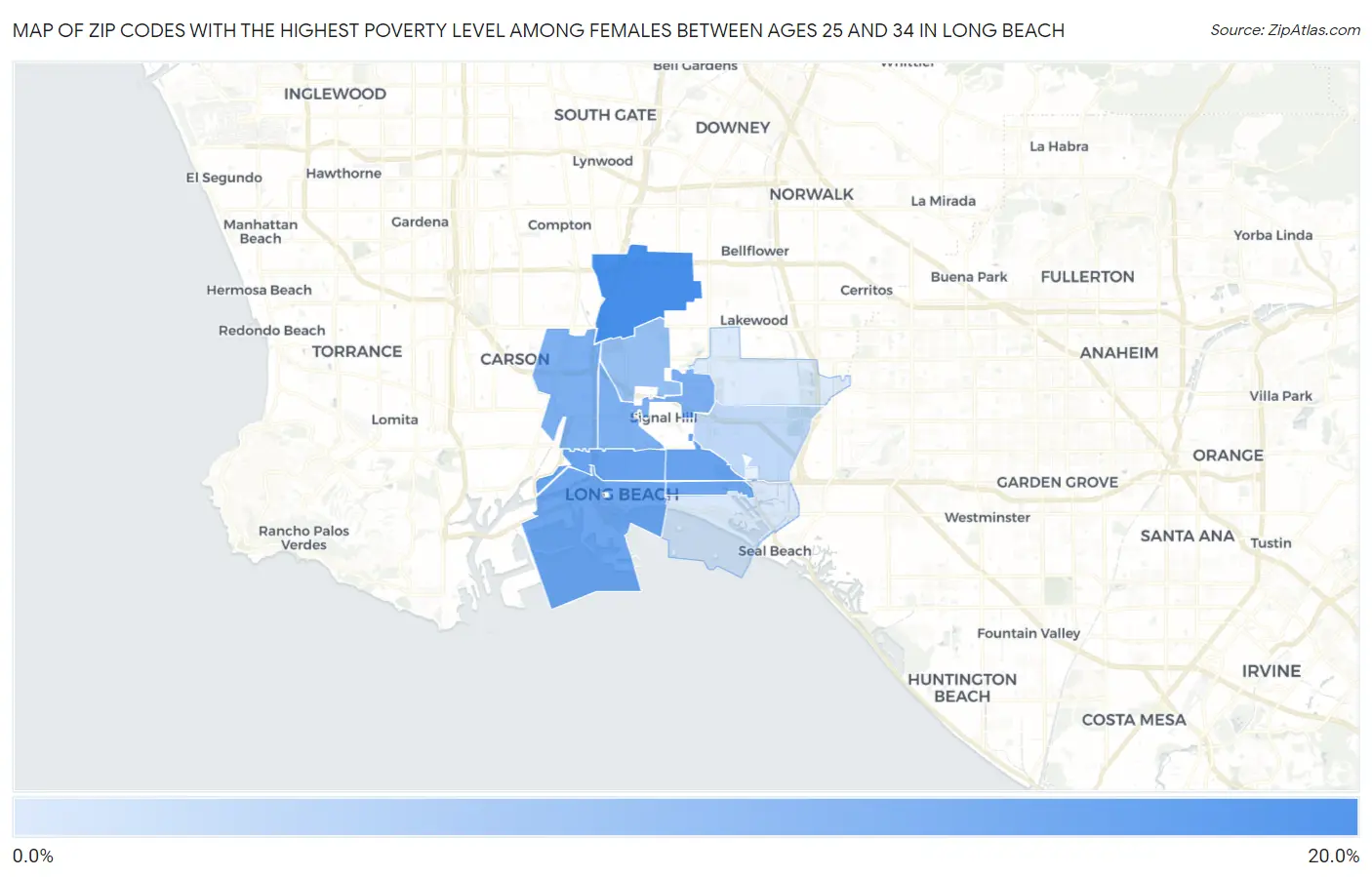 Zip Codes with the Highest Poverty Level Among Females Between Ages 25 and 34 in Long Beach Map