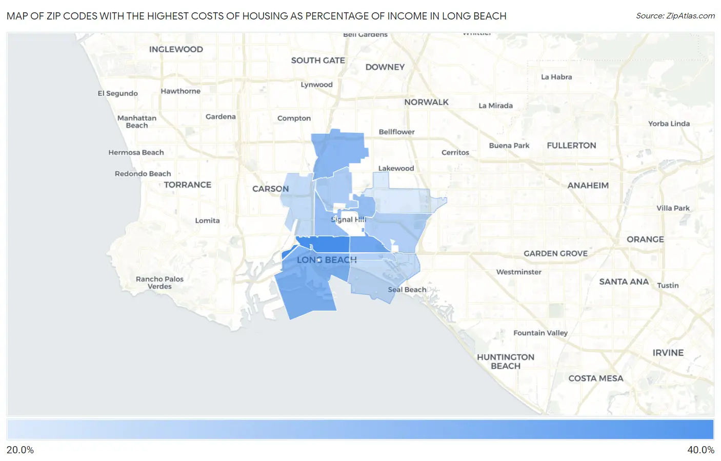 Zip Codes with the Highest Costs of Housing as Percentage of Income in Long Beach Map