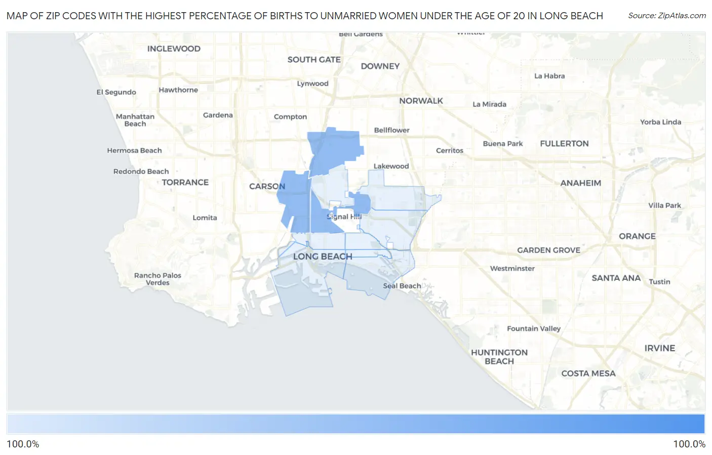 Zip Codes with the Highest Percentage of Births to Unmarried Women under the Age of 20 in Long Beach Map