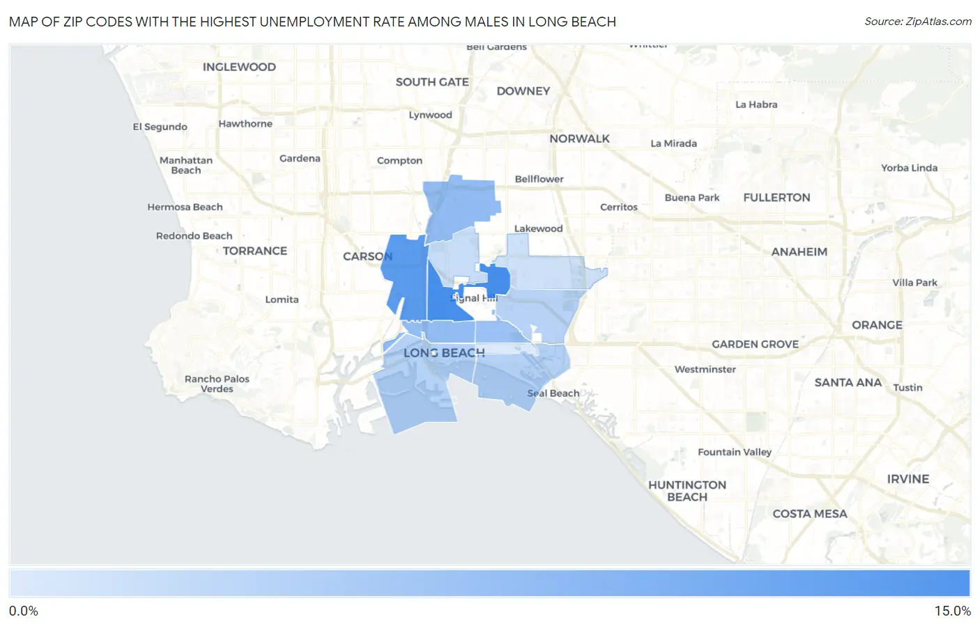 Zip Codes with the Highest Unemployment Rate Among Males in Long Beach Map