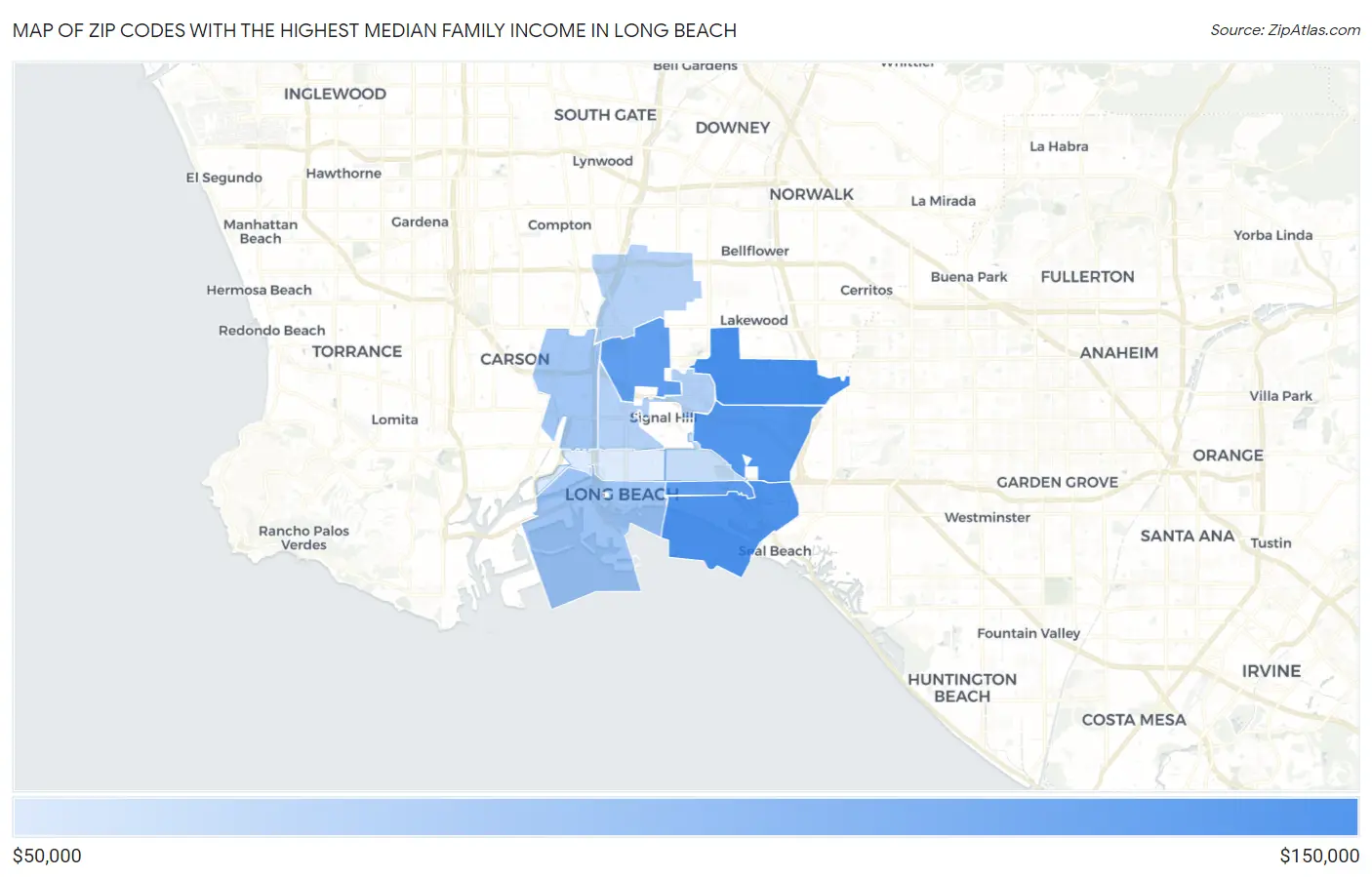Zip Codes with the Highest Median Family Income in Long Beach Map