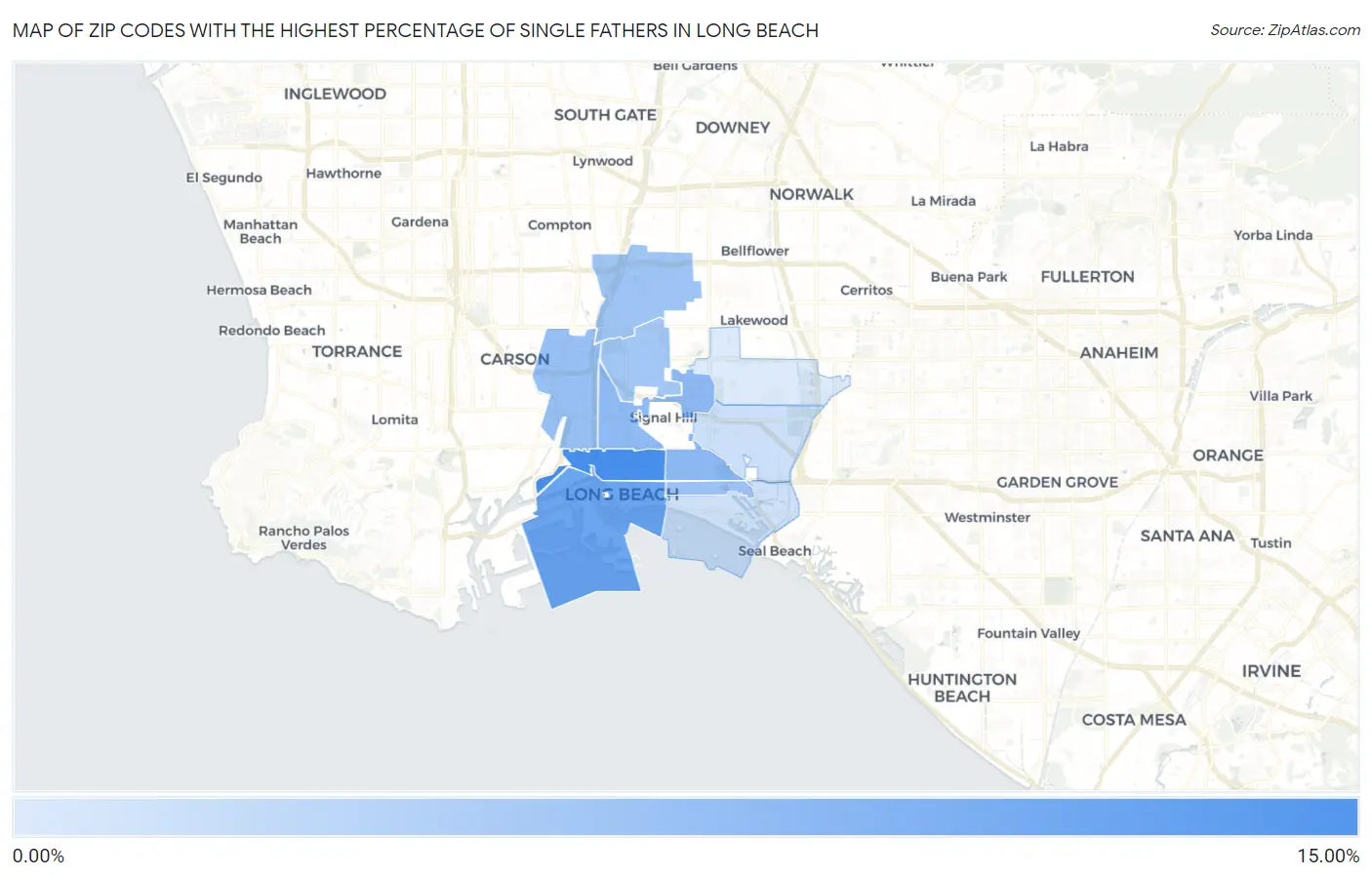 Zip Codes with the Highest Percentage of Single Fathers in Long Beach Map