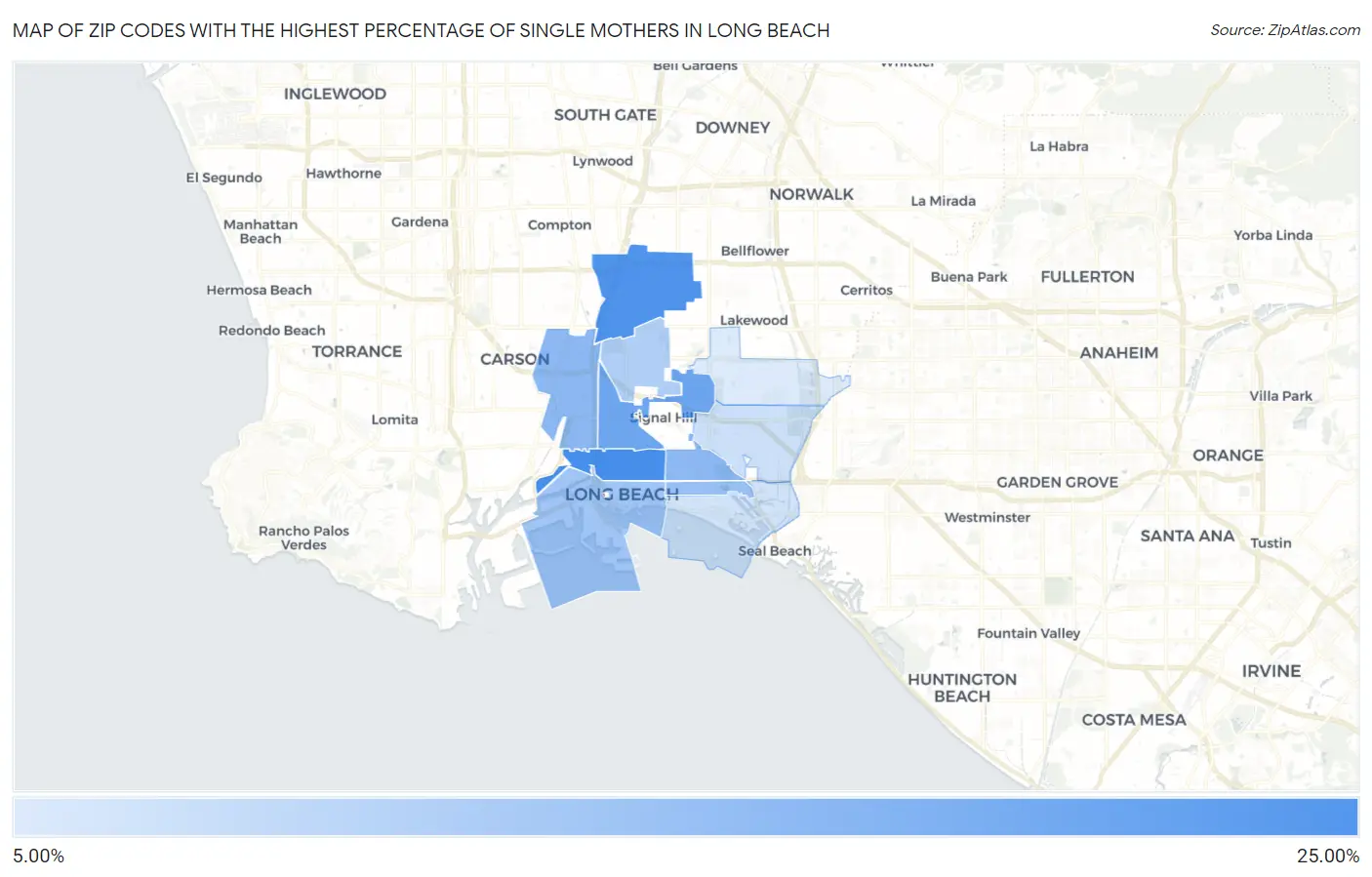 Zip Codes with the Highest Percentage of Single Mothers in Long Beach Map