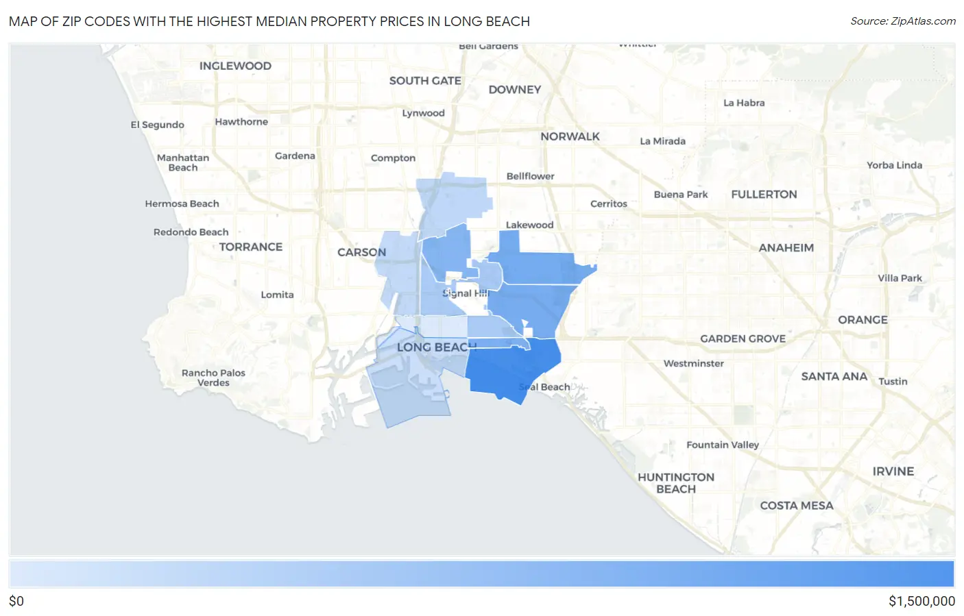 Zip Codes with the Highest Median Property Prices in Long Beach Map