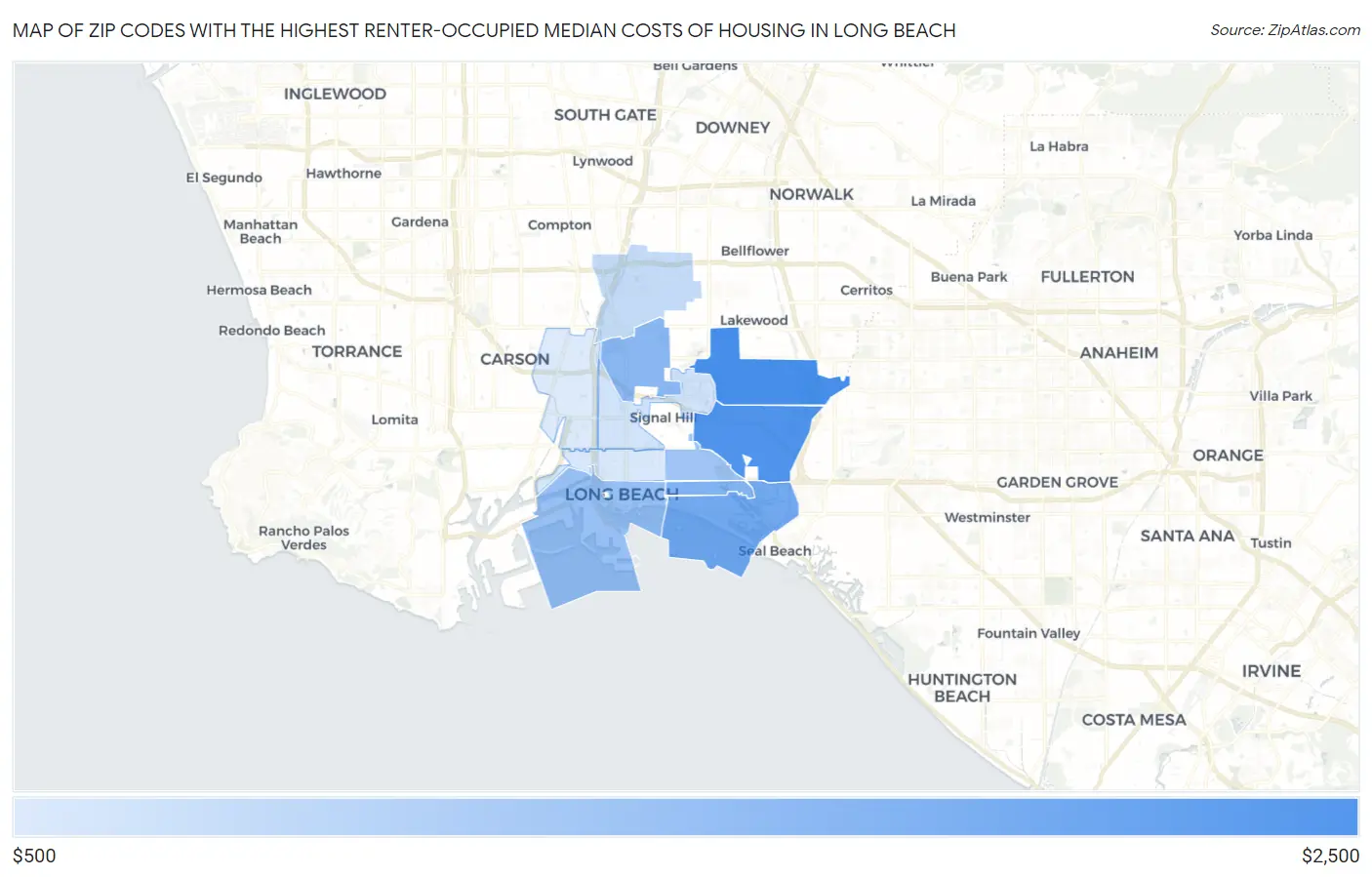 Zip Codes with the Highest Renter-Occupied Median Costs of Housing in Long Beach Map