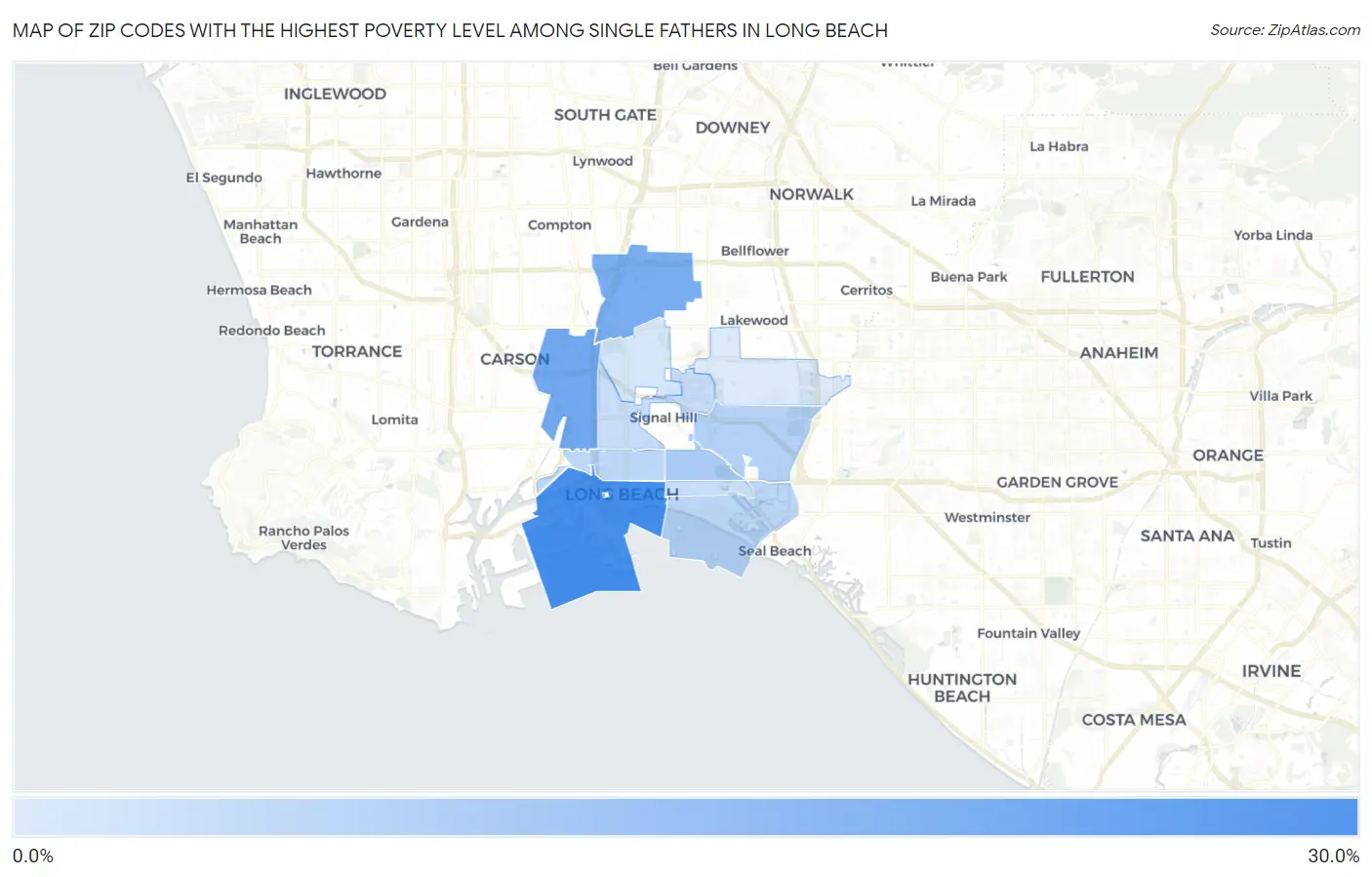 Zip Codes with the Highest Poverty Level Among Single Fathers in Long Beach Map