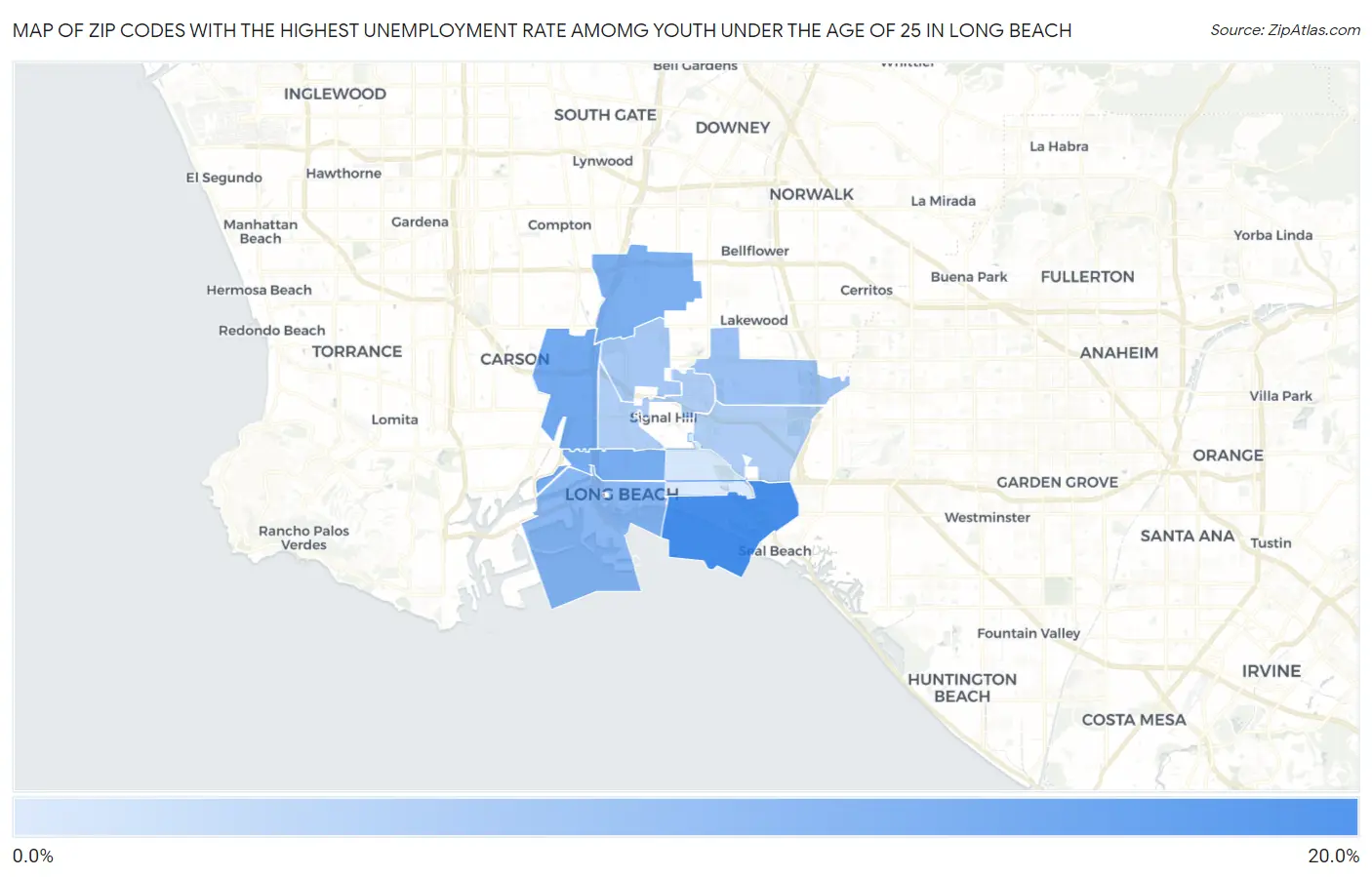 Zip Codes with the Highest Unemployment Rate Amomg Youth Under the Age of 25 in Long Beach Map