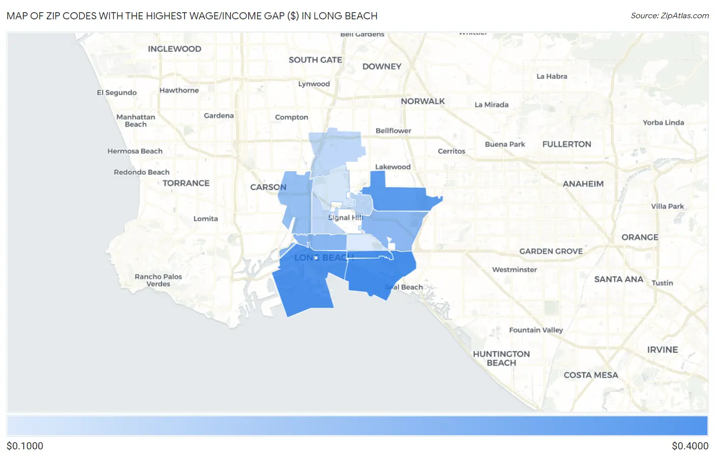 Zip Codes with the Highest Wage/Income Gap ($) in Long Beach Map