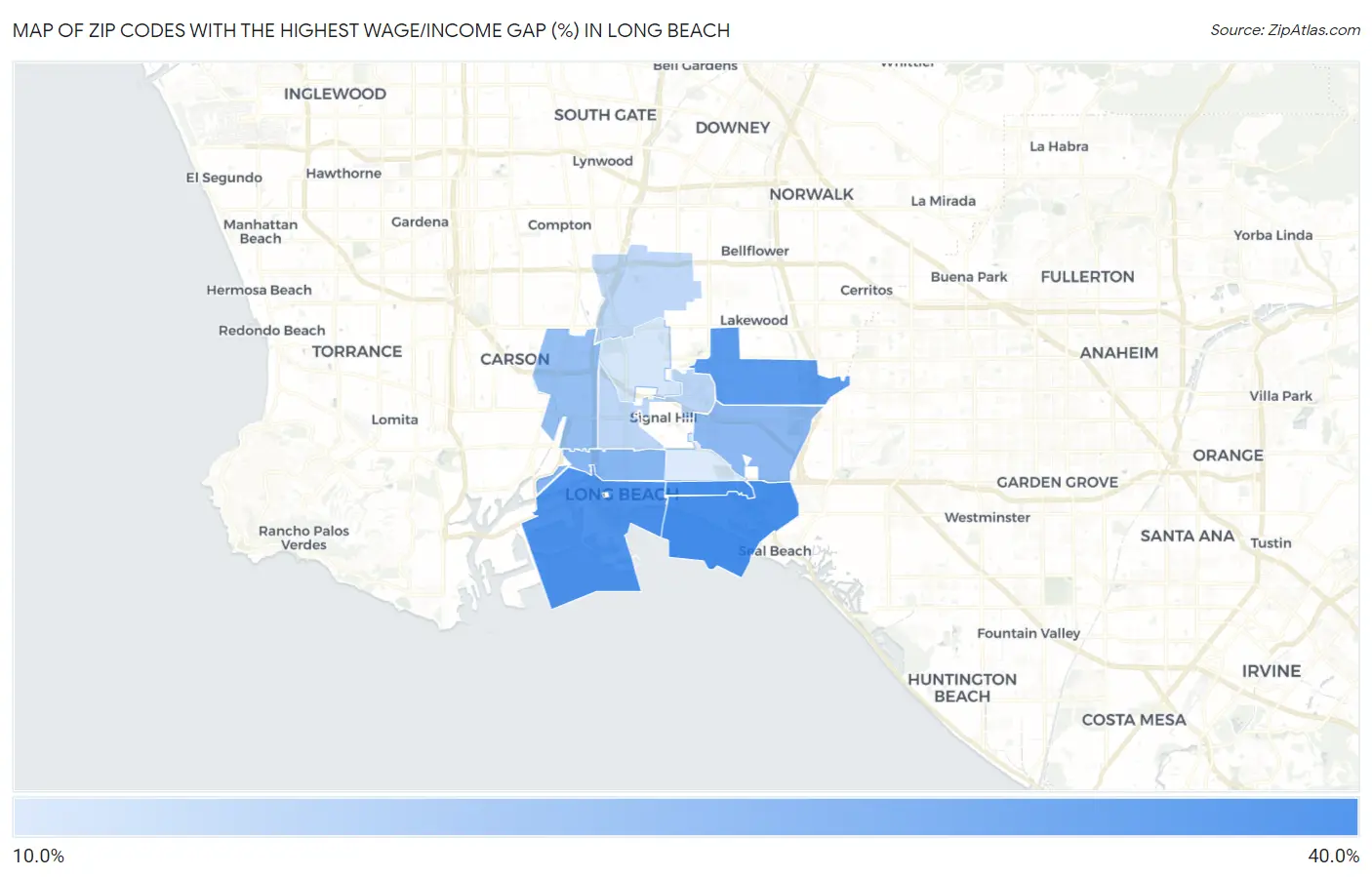 Zip Codes with the Highest Wage/Income Gap (%) in Long Beach Map