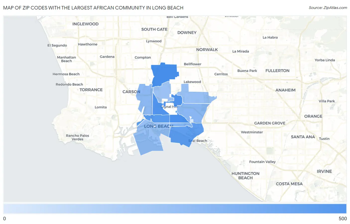 Zip Codes with the Largest African Community in Long Beach Map