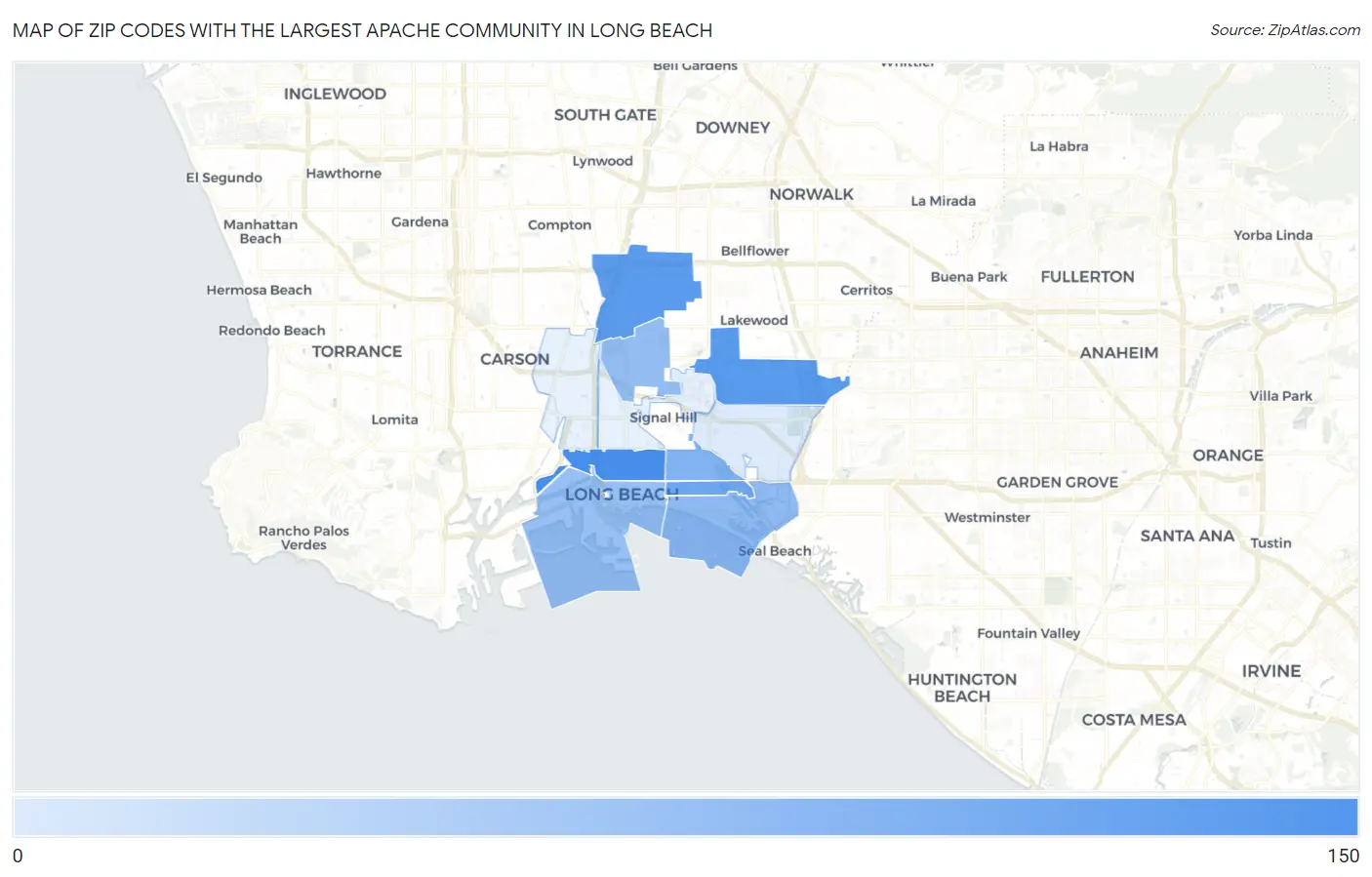 Zip Codes with the Largest Apache Community in Long Beach Map