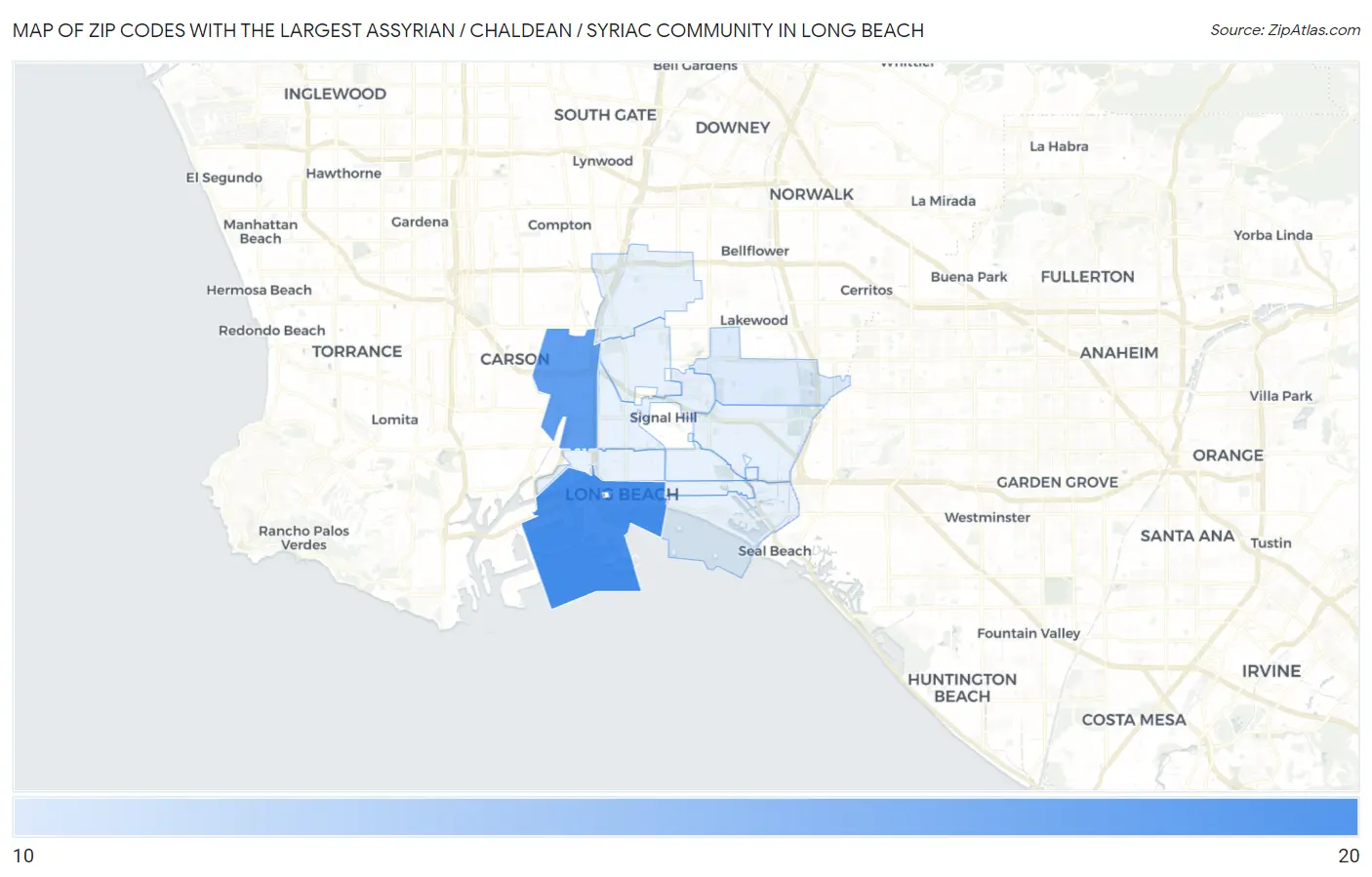 Zip Codes with the Largest Assyrian / Chaldean / Syriac Community in Long Beach Map