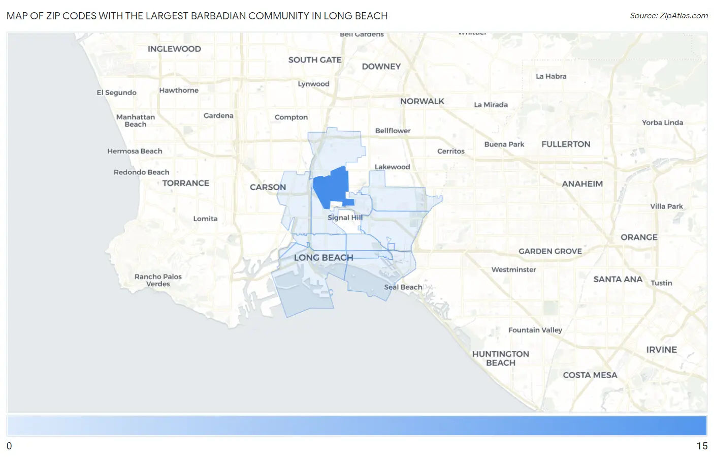 Zip Codes with the Largest Barbadian Community in Long Beach Map