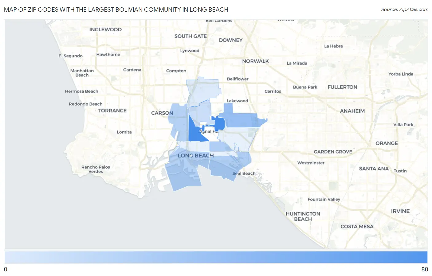 Zip Codes with the Largest Bolivian Community in Long Beach Map