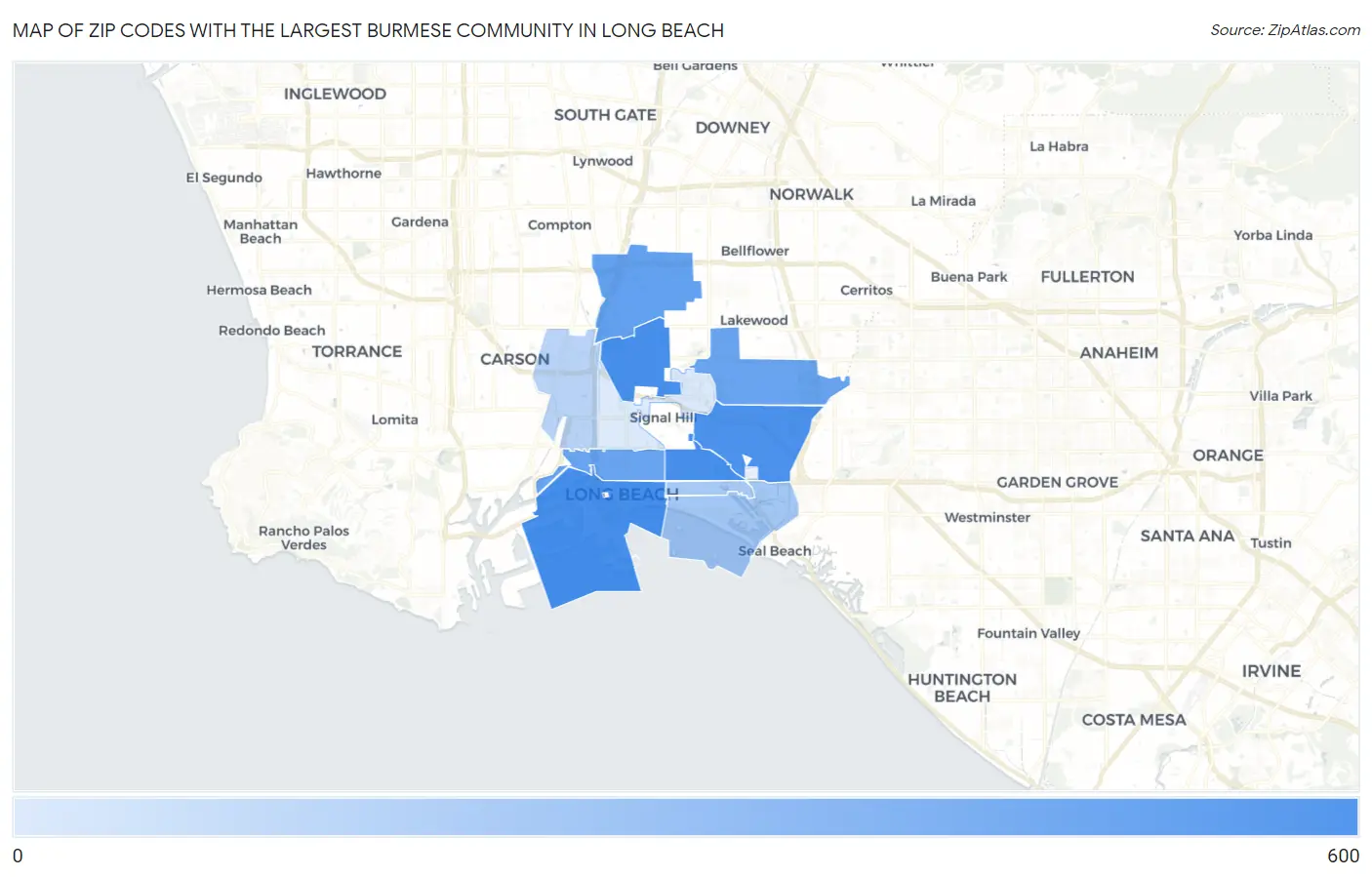Zip Codes with the Largest Burmese Community in Long Beach Map
