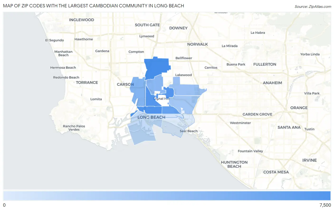 Zip Codes with the Largest Cambodian Community in Long Beach Map