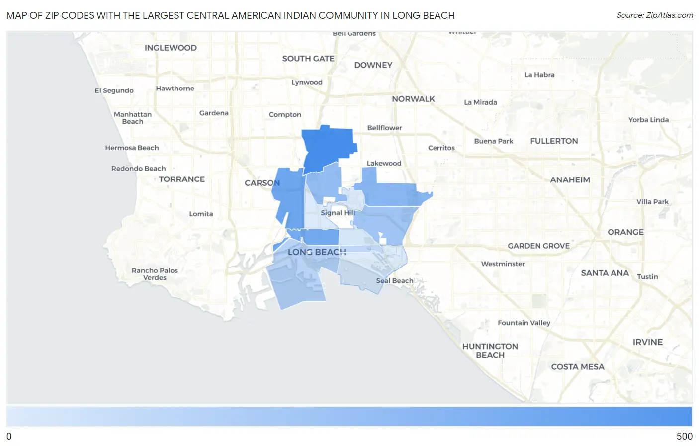 Zip Codes with the Largest Central American Indian Community in Long Beach Map